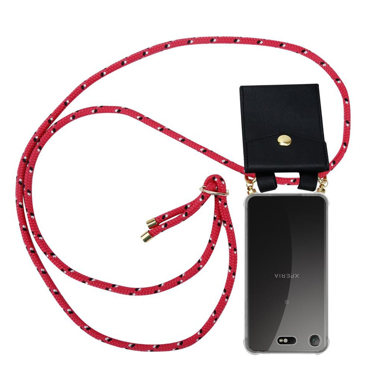 Schwarze Handyhülle mit einem rot-schwarzen Umhängeband. Das Telefon ist schwarz und transparent.