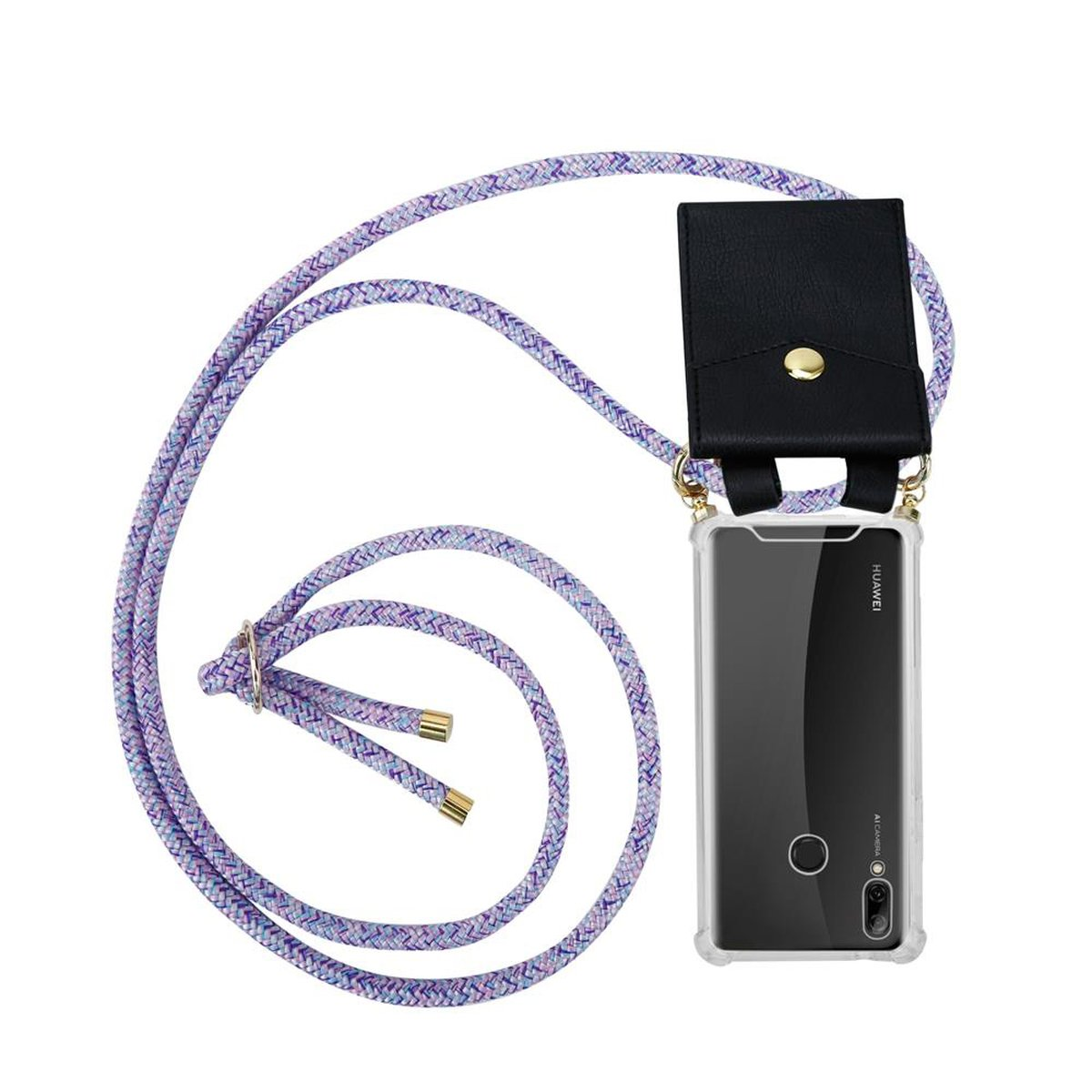Una custodia per telefono con una custodia nera su una corda viola. Il telefono è trasparente, rivelando il marchio Huawei.