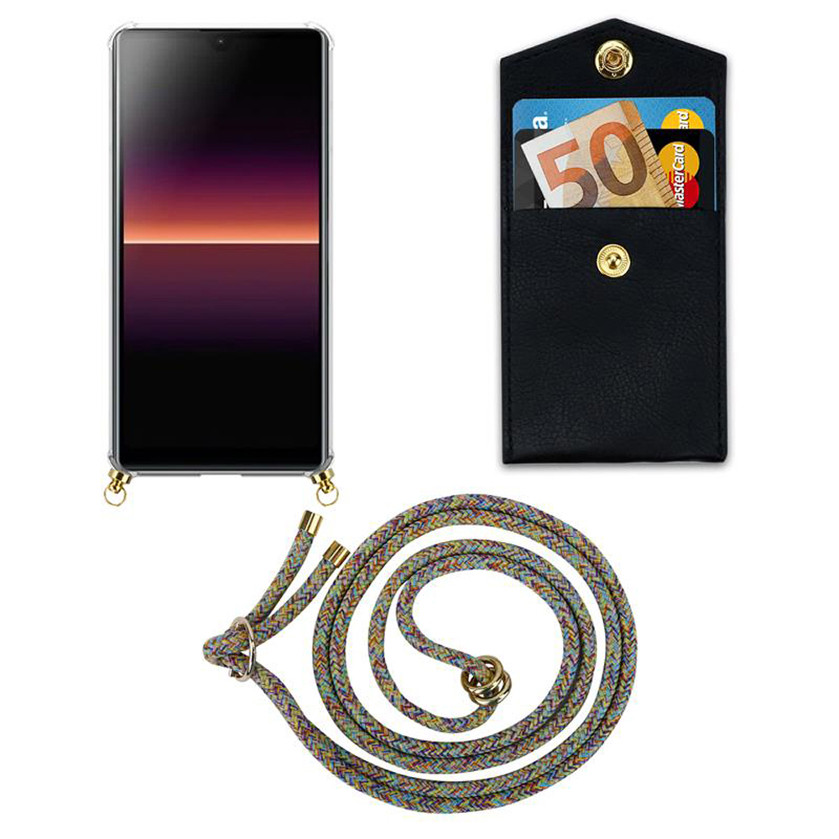 Telefono in custodia trasparente, piccolo portafoglio con carte e cordino a corda multicolore su sfondo bianco.