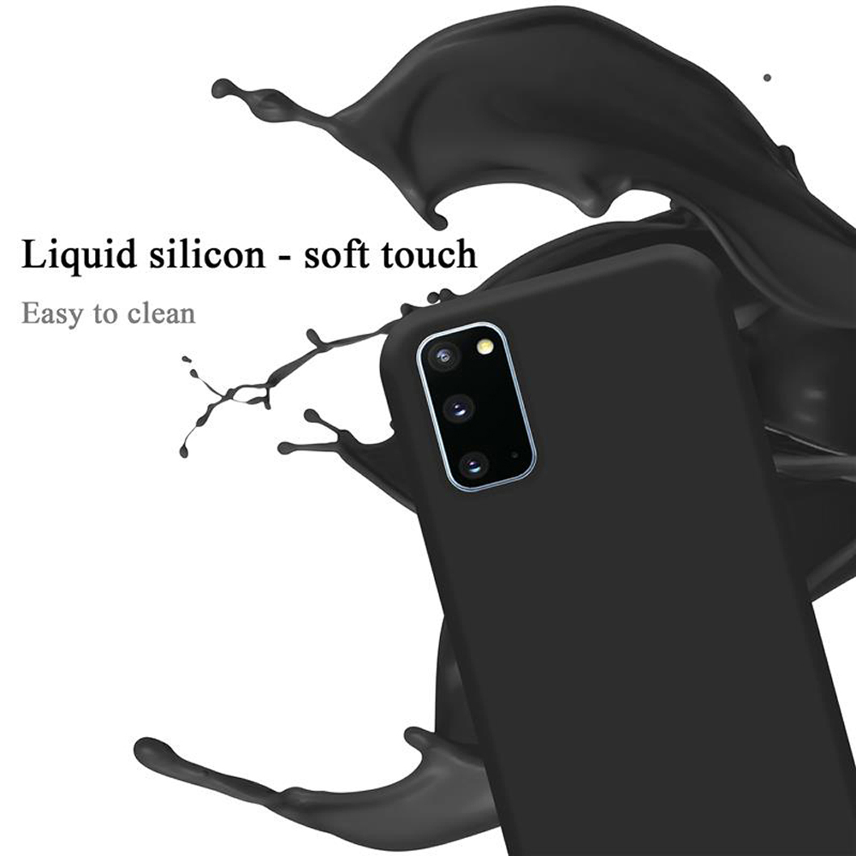 Custodia per telefono nera con telefono all'interno. Testo: Silicone liquido - tocco morbido.