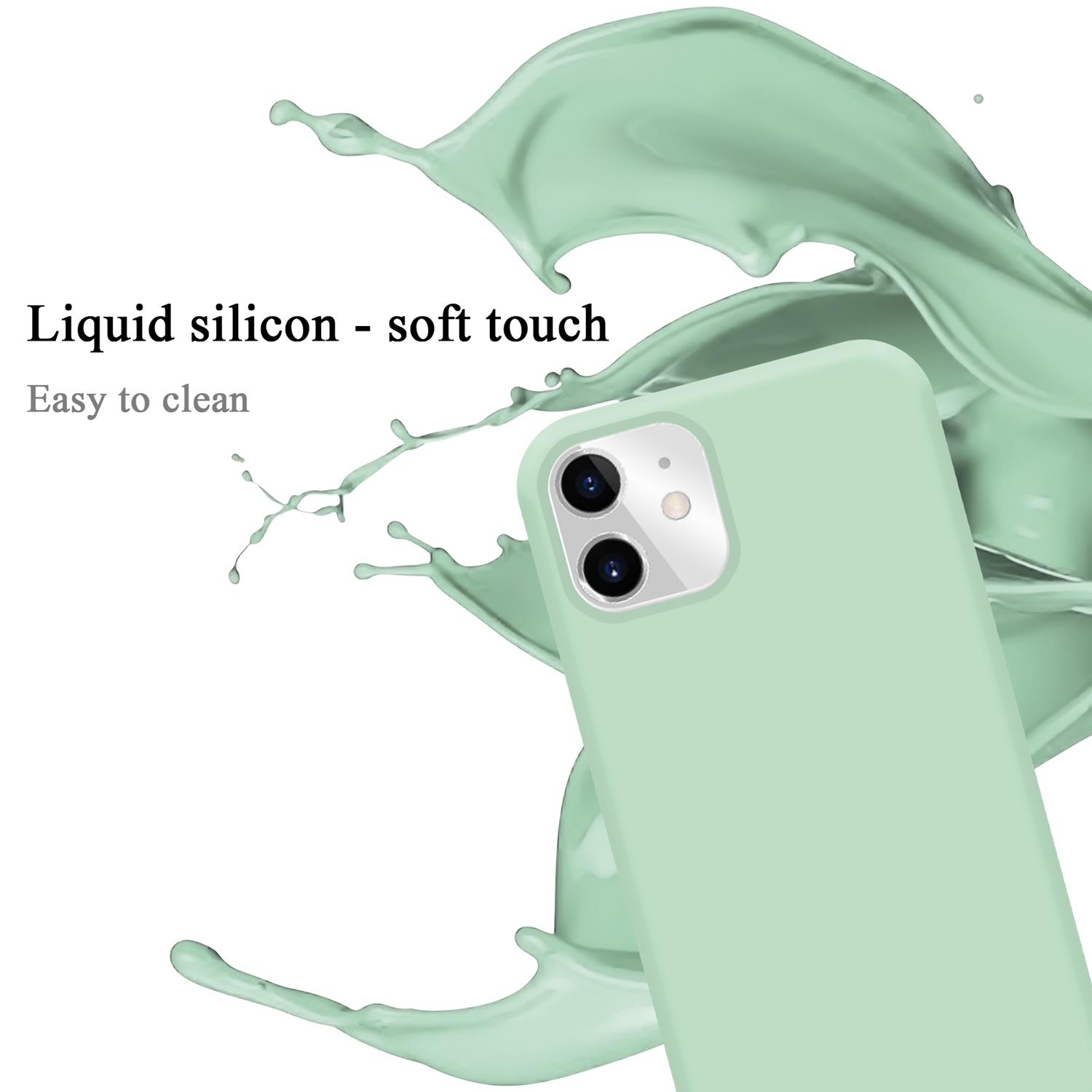 Eine hellgrüne Handyhülle mit einem Telefon darin. Die Hülle wird von grüner Flüssigkeit bespritzt.