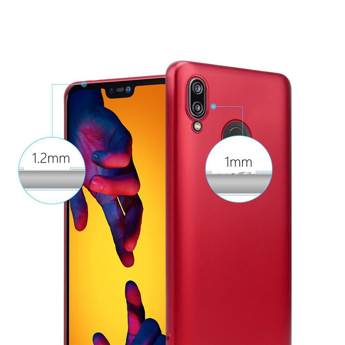 Primo piano di una custodia rossa per telefono e schermo del telefono, con misure etichettate.