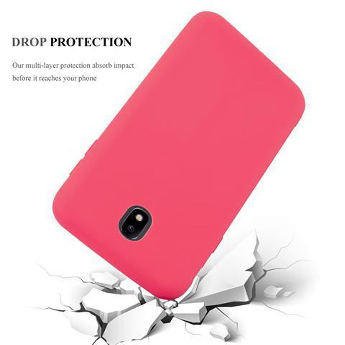 Una funda rosa para teléfono con un recorte para la cámara está sobre una superficie agrietada. Texto: Protección contra caídas.