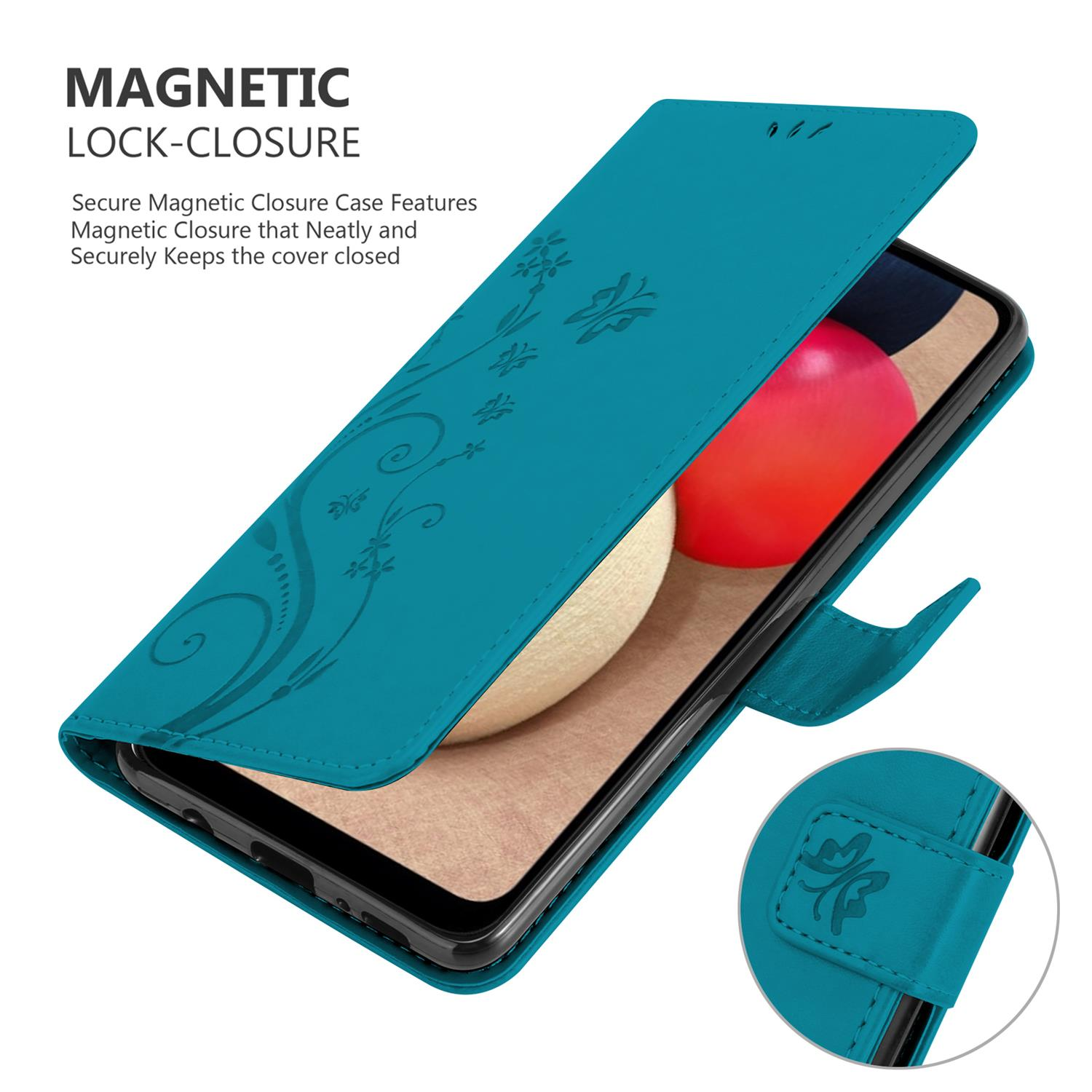 Custodia turchese con design floreale, aperta che mostra lo schermo del telefono. Chiusura magnetica.