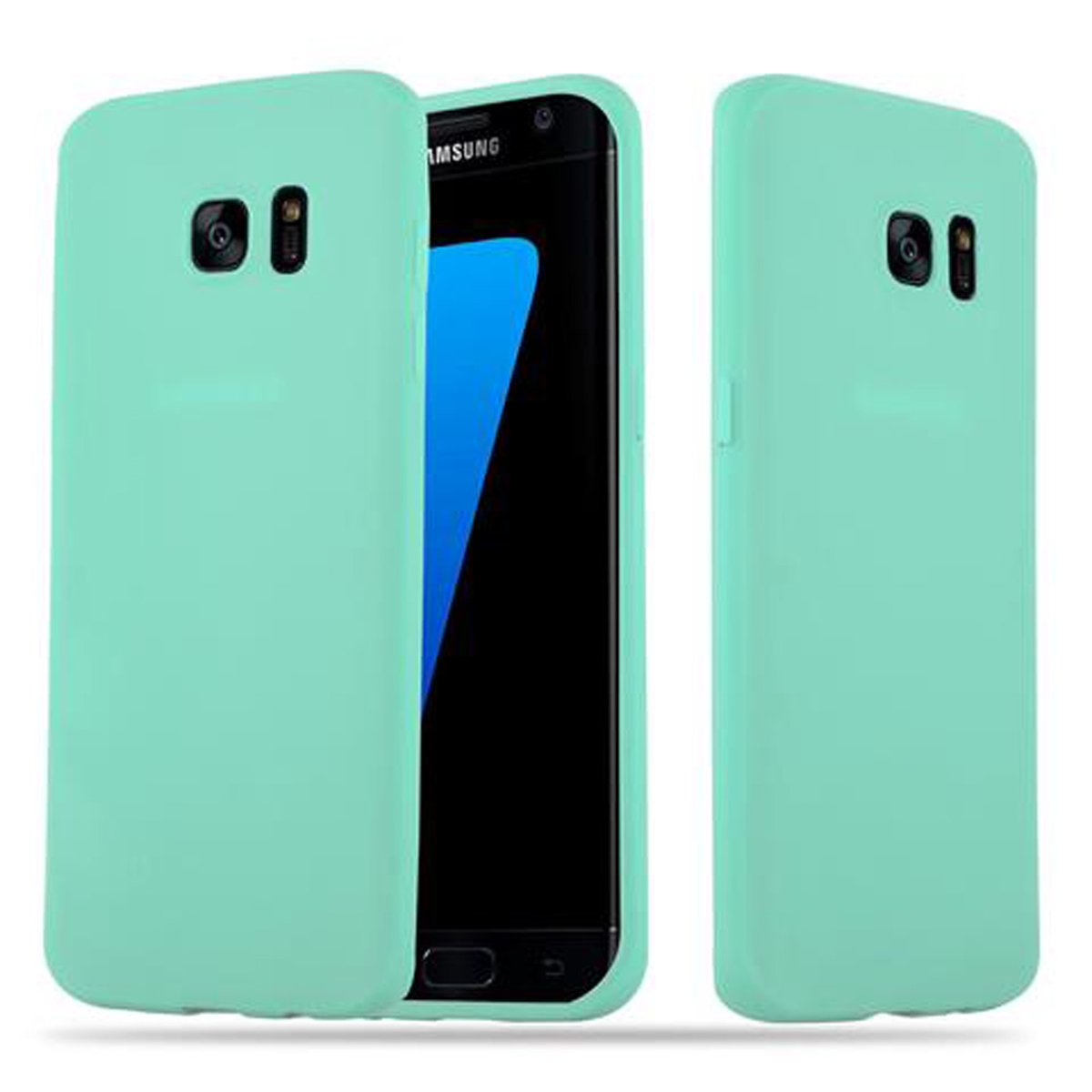 Teléfono verde menta y dos fundas, una abierta.