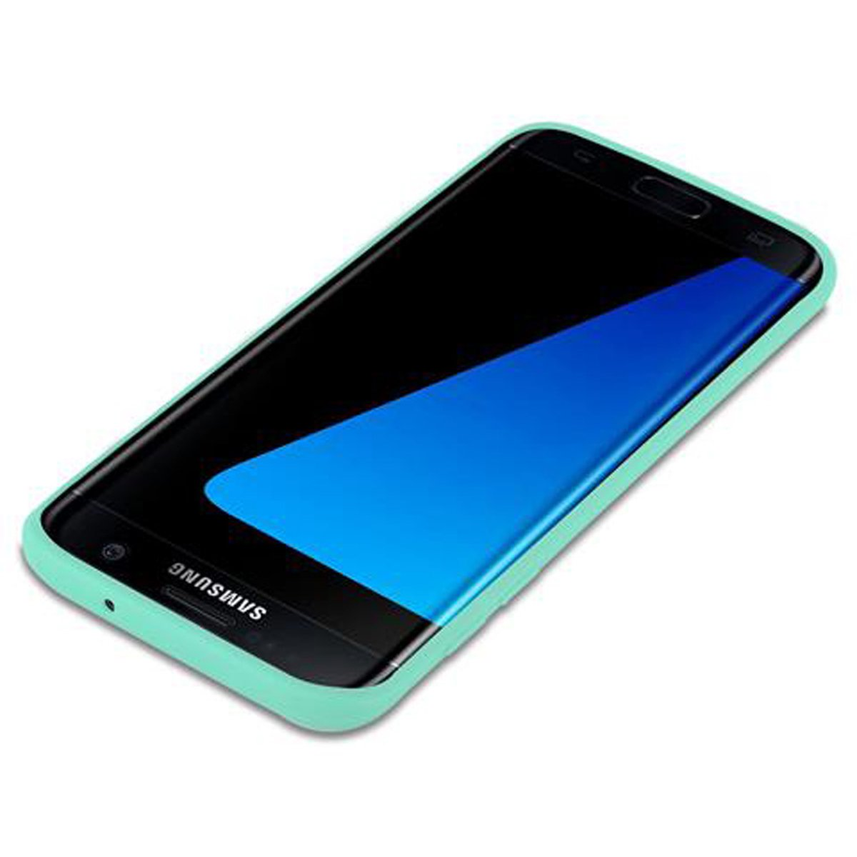 Un teléfono en una funda verde menta. La pantalla muestra un degradado azul y tiene un diseño curvado.