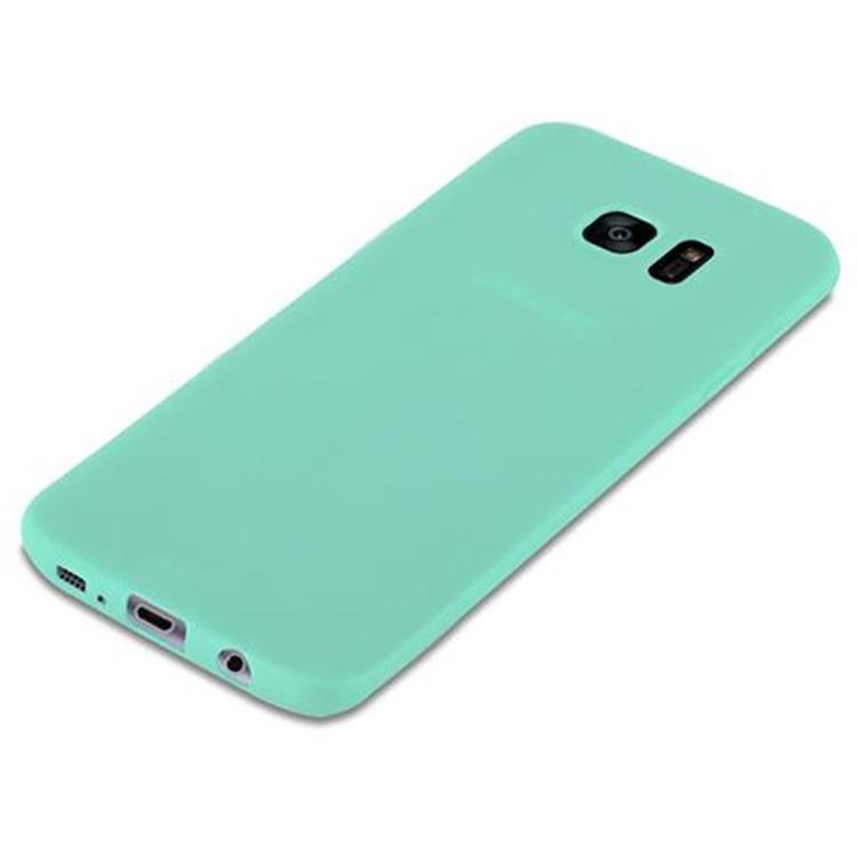 Una funda de teléfono verde menta. El teléfono tiene una cámara y otros puertos.