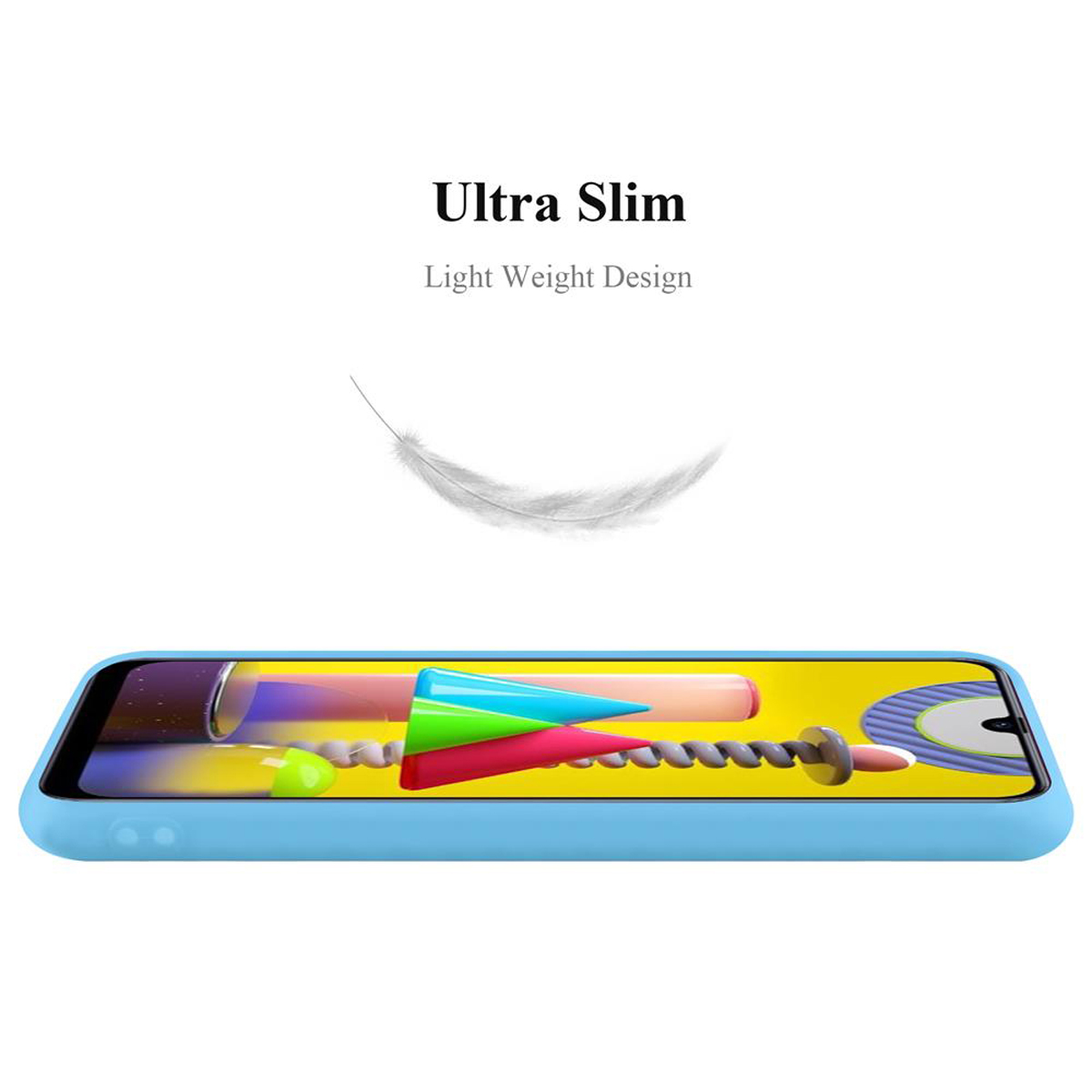 Una custodia blu con un design colorato all'interno. Una piuma bianca fluttua sopra la custodia.