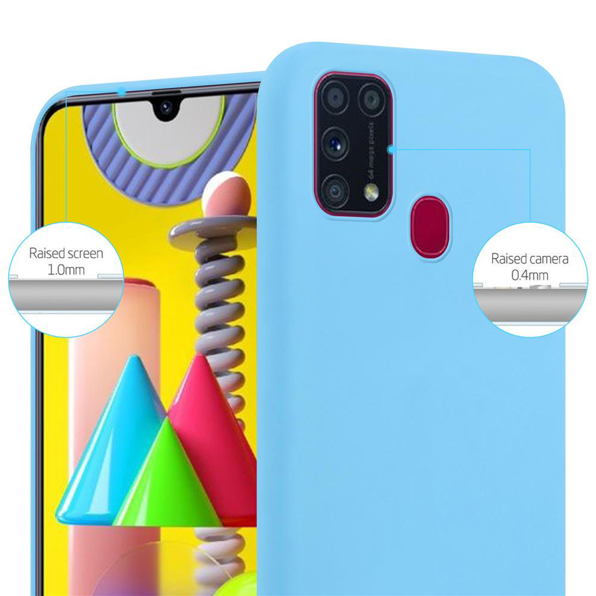 Una custodia per telefono azzurra su uno smartphone. Il telefono ha uno schermo e un rialzo della fotocamera.