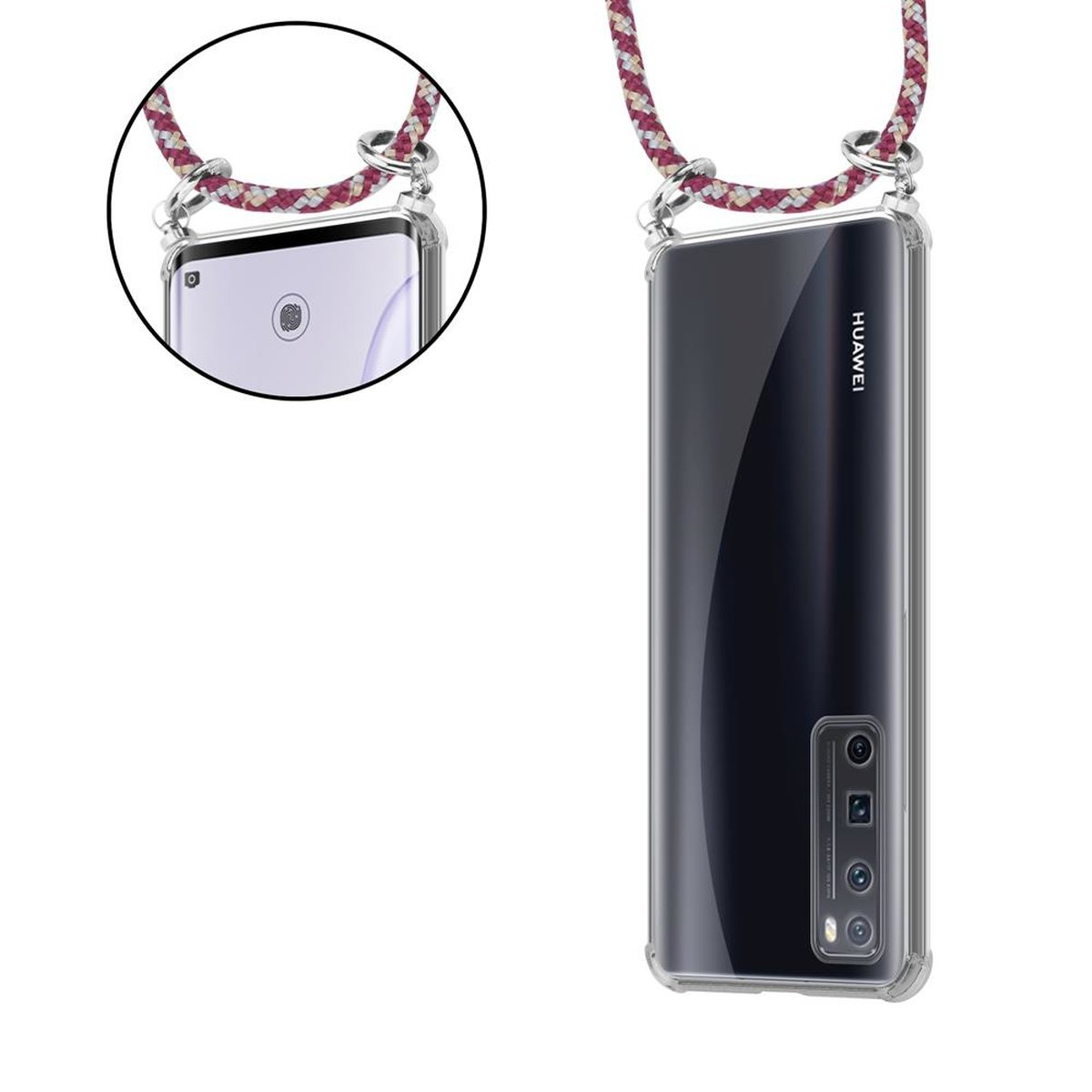 CADORABO Handy Kette mit ROT Ringen, WEIß abnehmbarer Hülle, NOVA PRO Band Silber GELB Backcover, Huawei, 5G, und 7 Kordel
