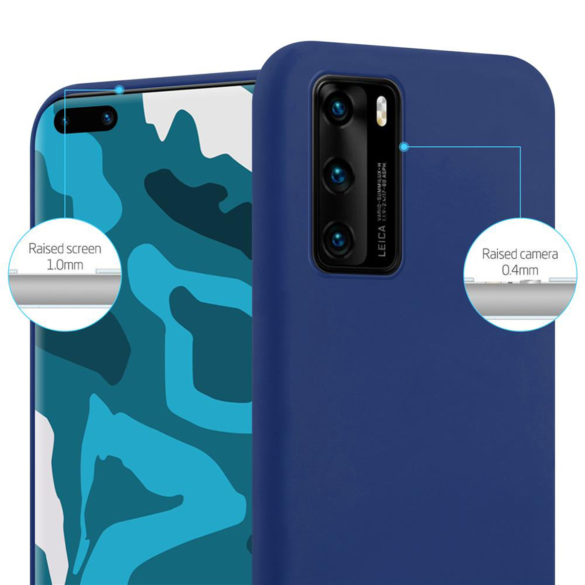Due telefoni, uno blu, che indicano schermo e fotocamera rialzati.