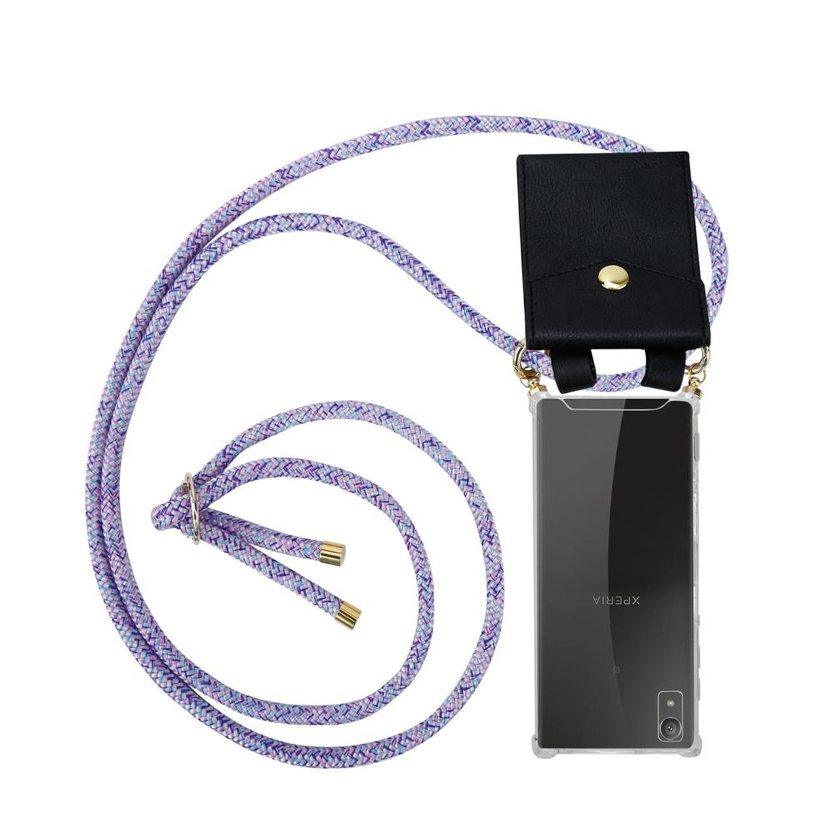 Telefonband: Lila Seil. Schwarze Handyhülle mit goldenem Knopf auf einem schwarzen Telefon.