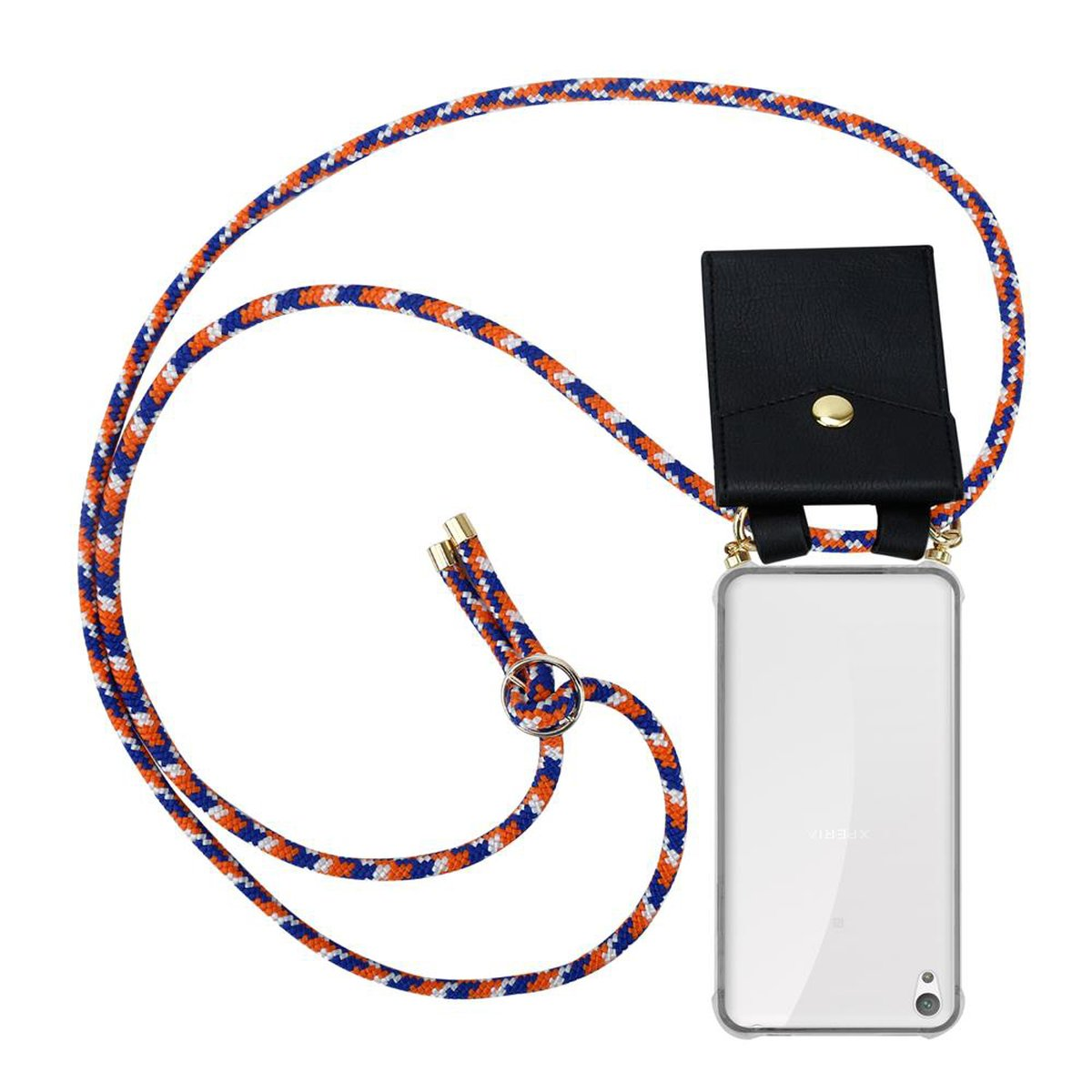 Handyhülle mit orange-blauem Seil. Schwarze Handyhülle, klares Telefon.