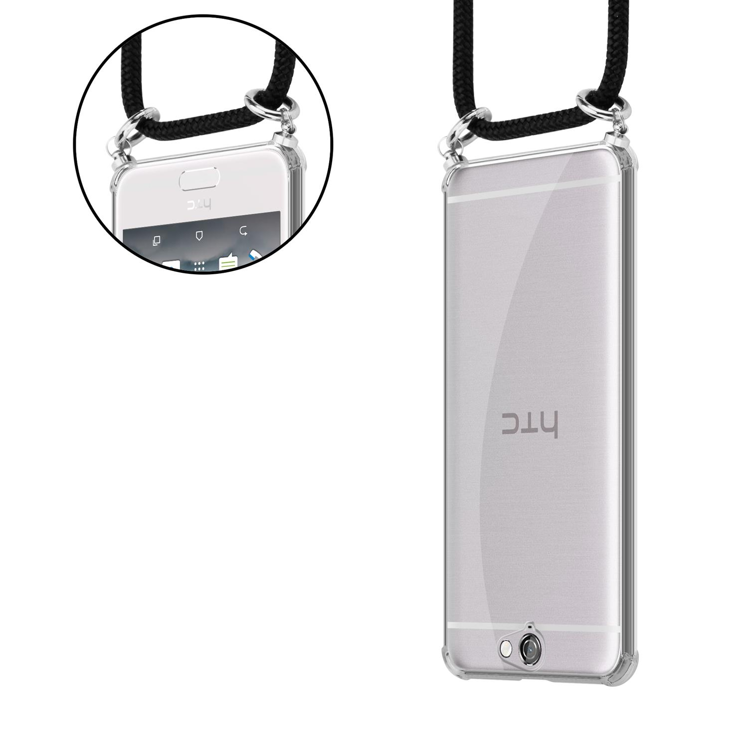 Klare Handyhülle mit schwarzem Kordel, Telefon darin. Ein kreisförmiger Einsatz zeigt den Bildschirm.