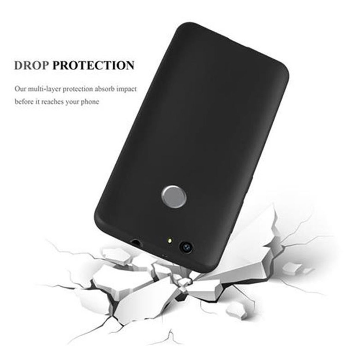 Eine schwarze Handyhülle mit einem zerbrochenen Betonboden im Hintergrund und dem Text 'Drop protection'.