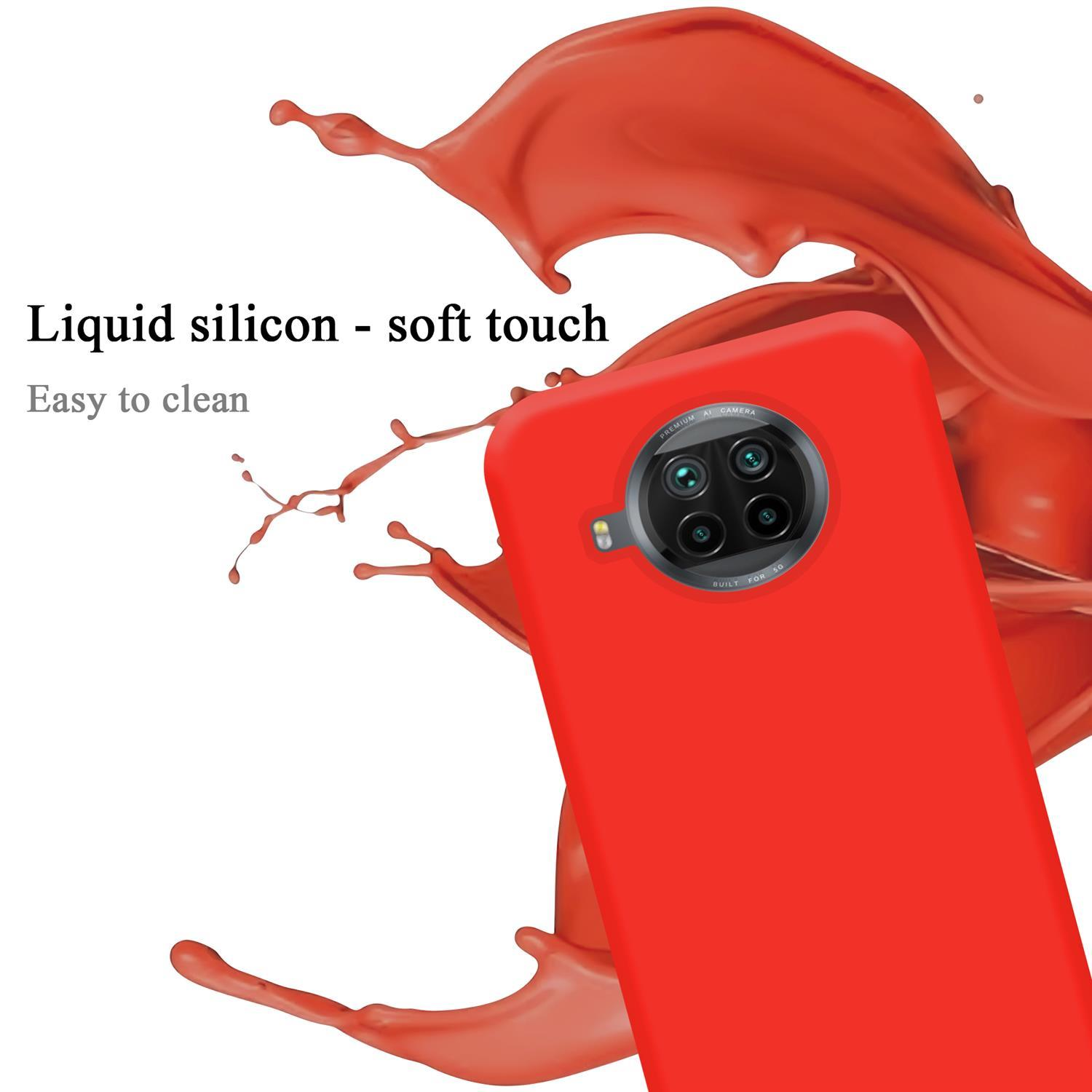 Rote Handyhülle mit Kamera, rotes Flüssigkeitsspritzen. Text: Flüssiges Silikon - weiche Haptik. Leicht zu reinigen.