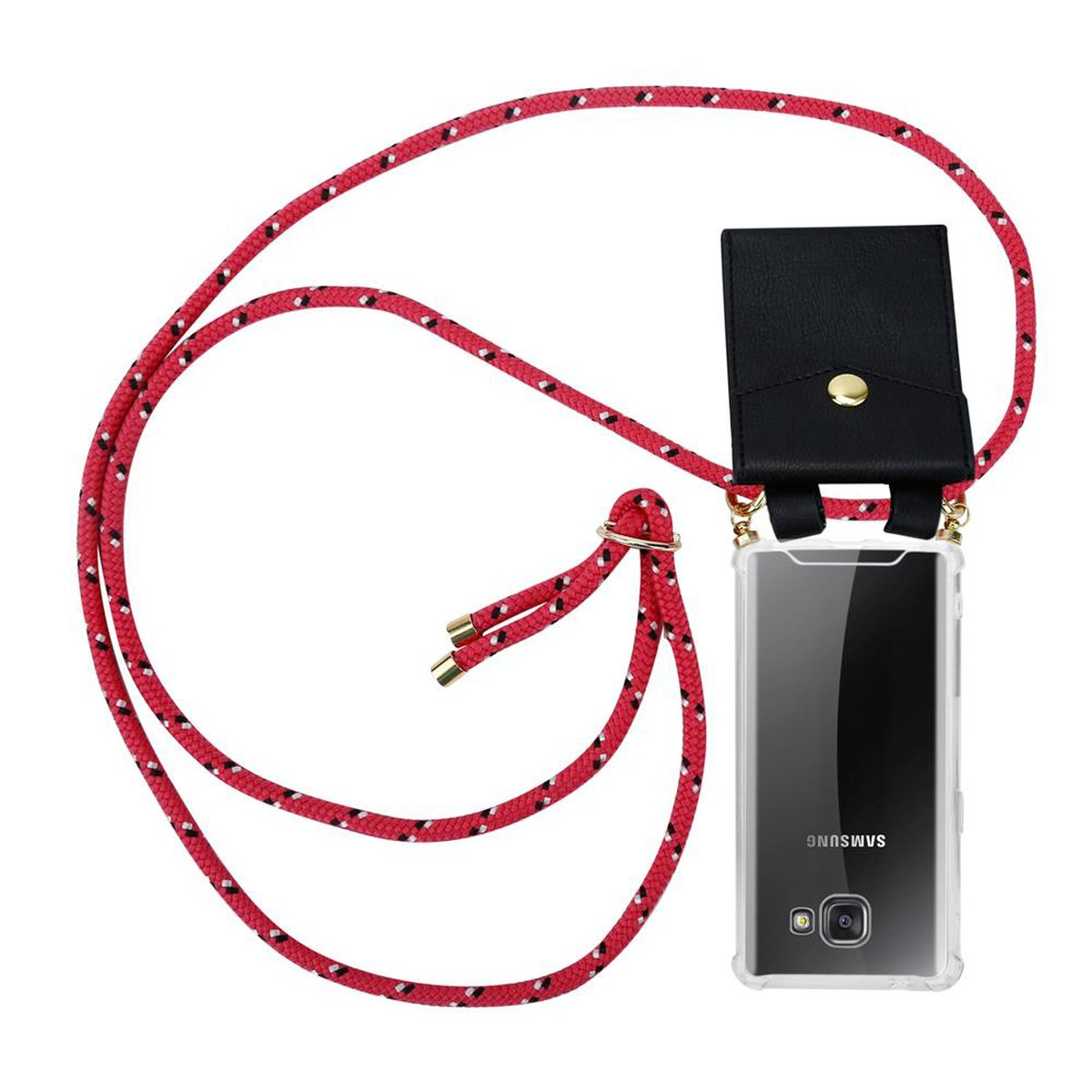 Una funda de teléfono con una correa de cuerda roja y una funda de cuero negro con un teléfono Samsung.