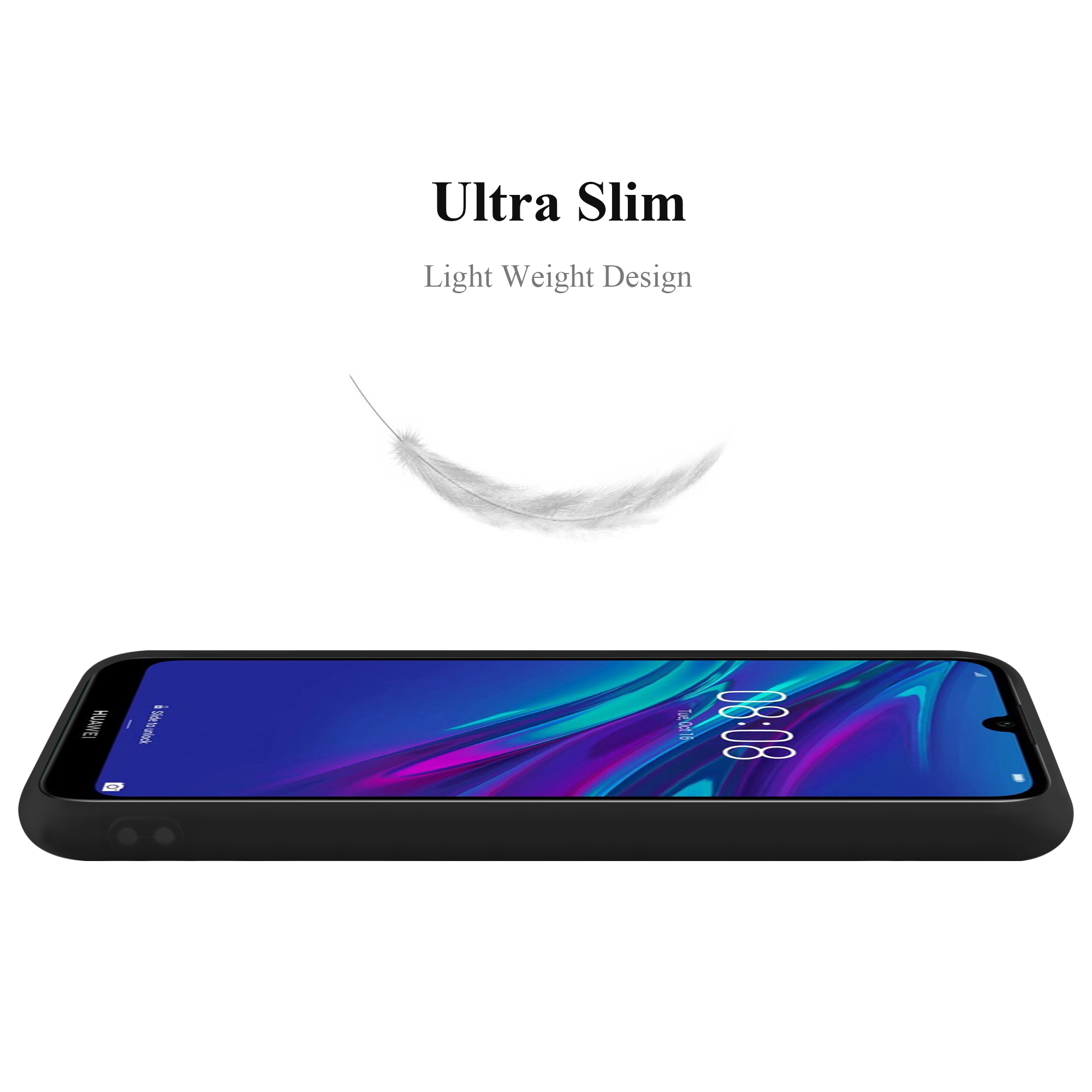 Un telefono nero con uno schermo che mostra un design blu e verde. Una piuma fluttua sopra.