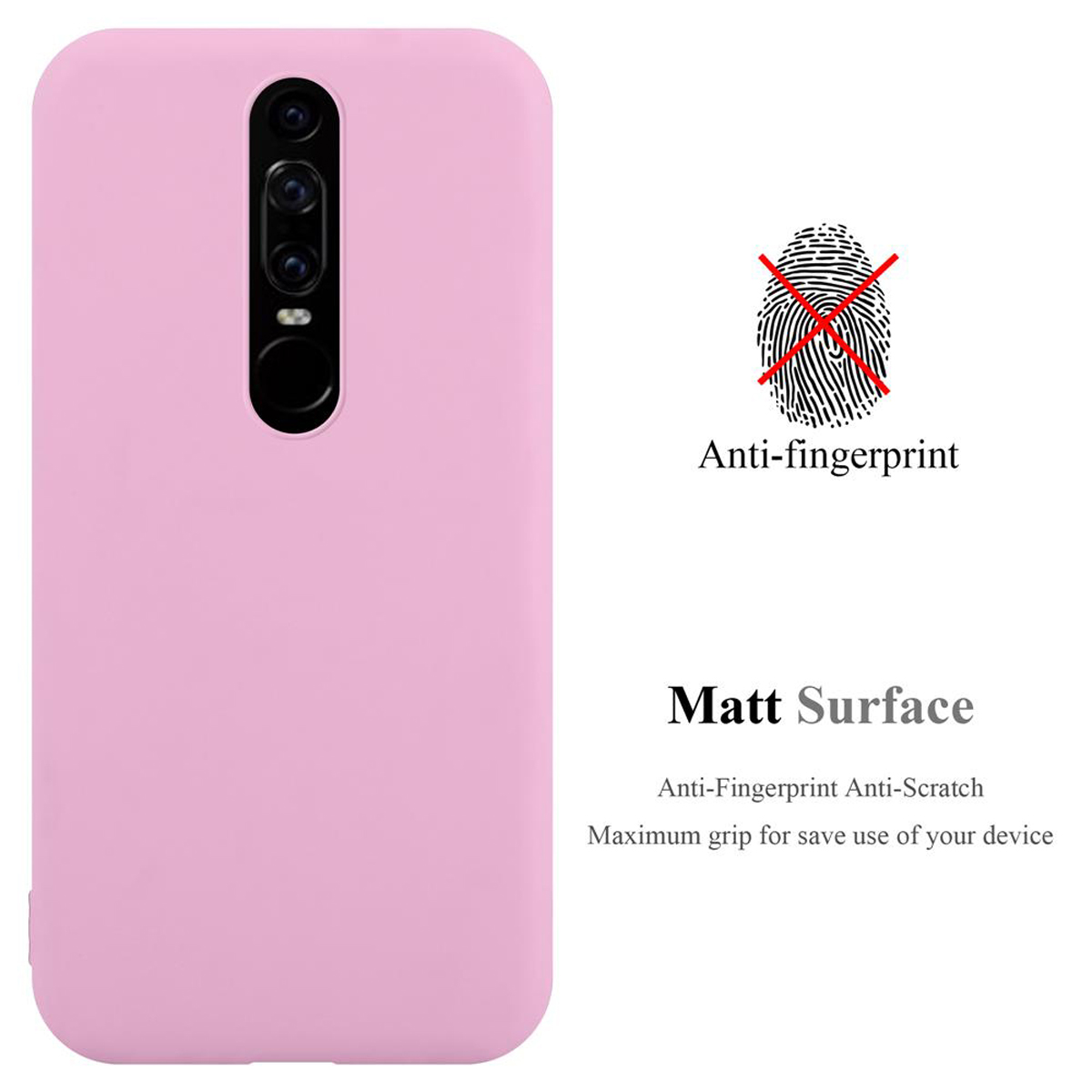 Rosa Handyhülle mit durchgestrichenem Fingerabdrucksymbol. Text: Anti-Fingerprint Matt Surface.