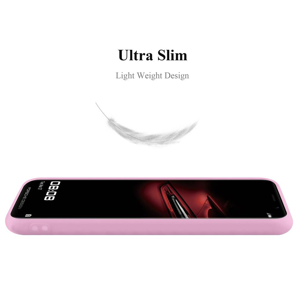Ein rosa Telefon mit einer leichten Feder und Text überlagert, vor weißem Hintergrund.