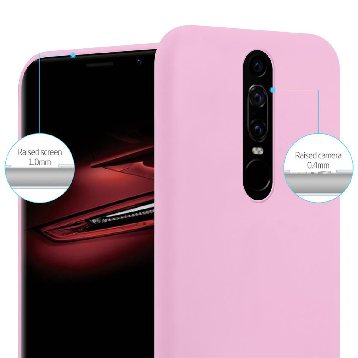 Nahaufnahme einer rosa Handyhülle. Telefon ist innen. Text weist auf erhöhten Bildschirm und Kamera hin.