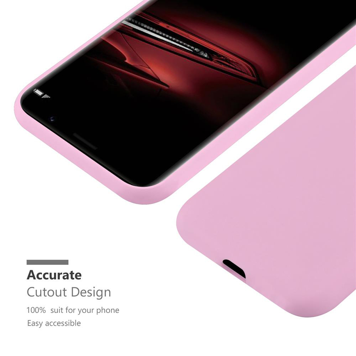 Rosa Handyhülle mit Nahaufnahme des Telefons. Der Text lautet 'Accurate Cutout Design'.