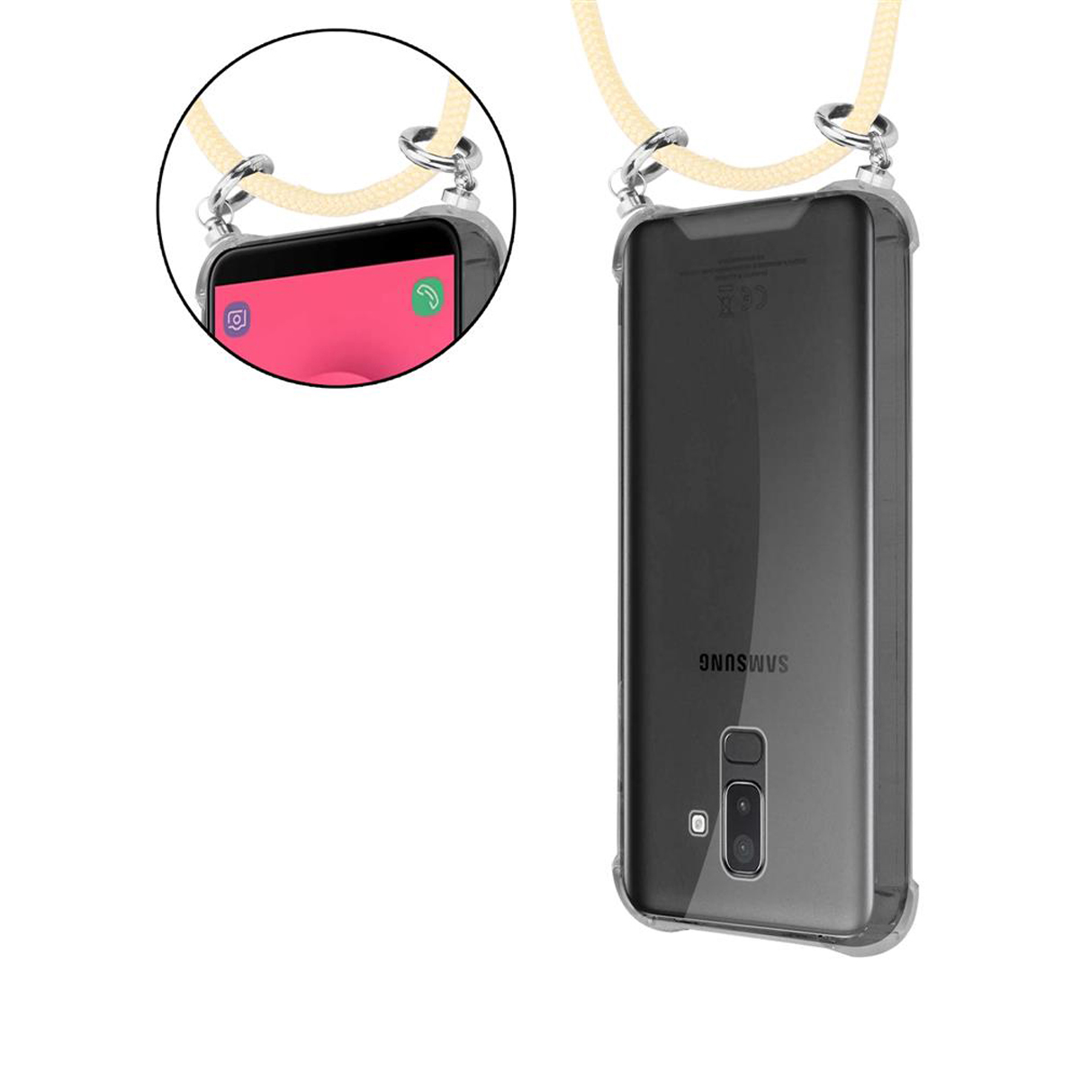 Telefon in einer durchsichtigen Hülle mit angebrachtem Lanyard, zeigt den Bildschirm des Telefons. Weißer Hintergrund.