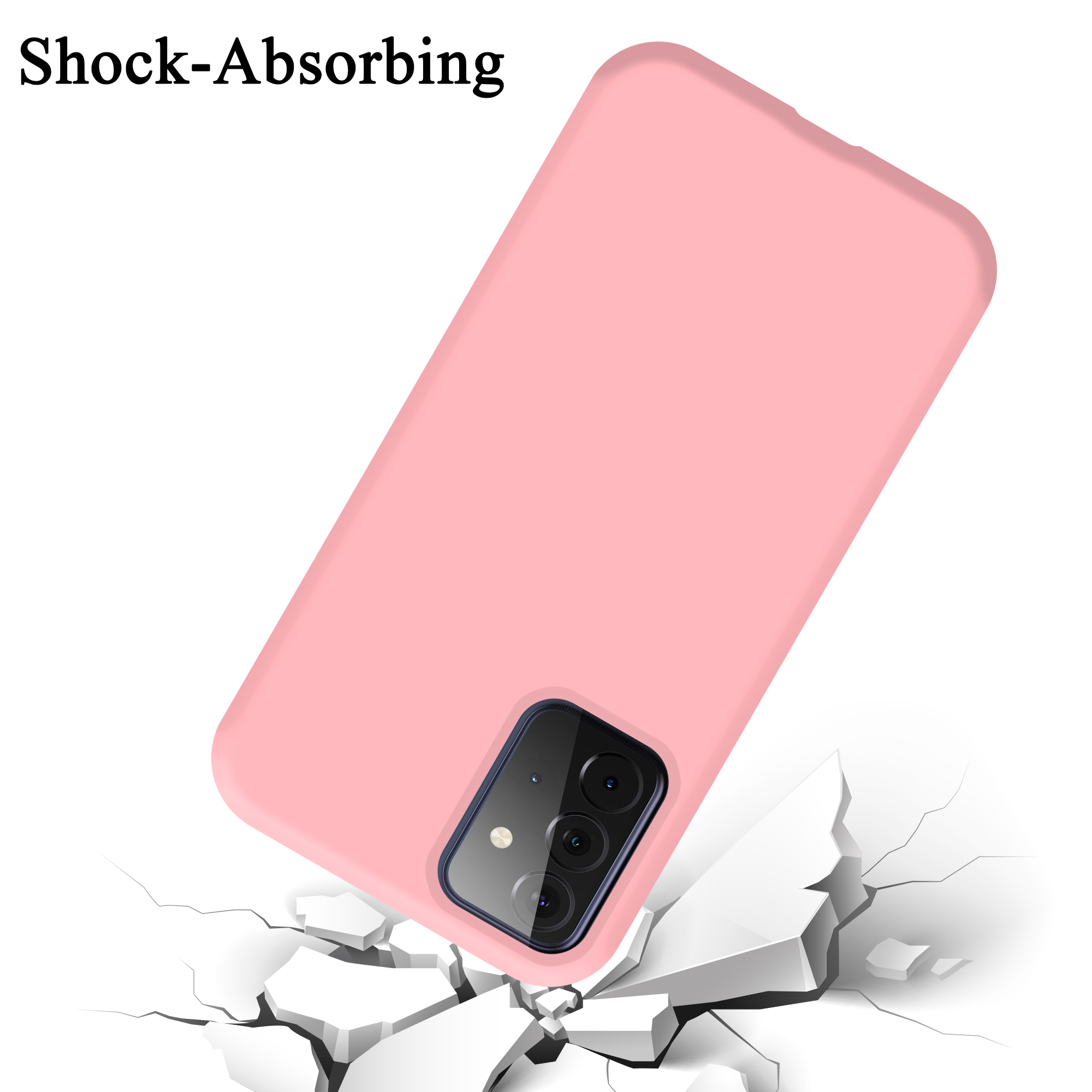 Custodia per telefono rosa che cade su una superficie bianca, compaiono crepe. Sfondo bianco.