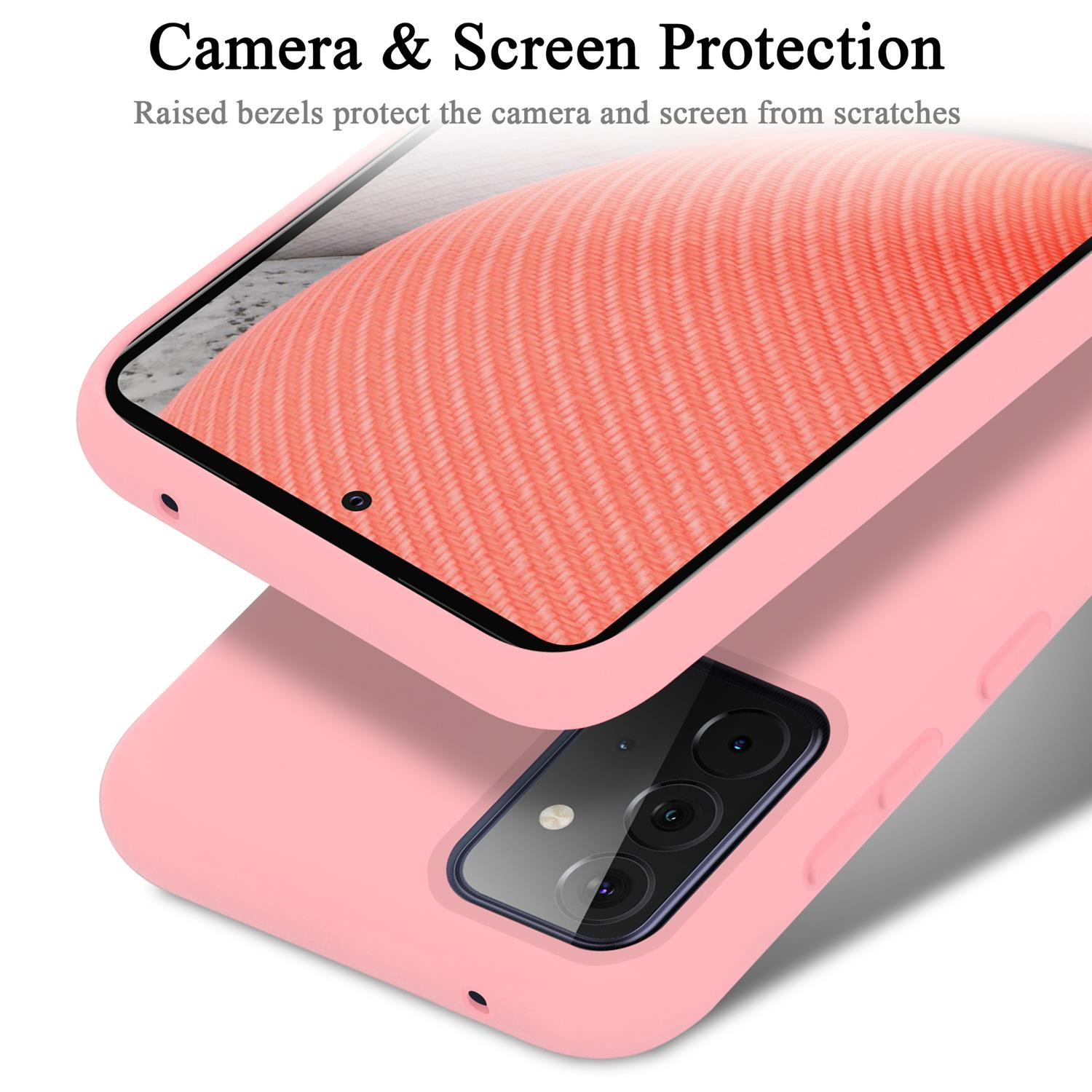 Custodia per telefono rosa con telefono all'interno. Testo: Protezione fotocamera e schermo.