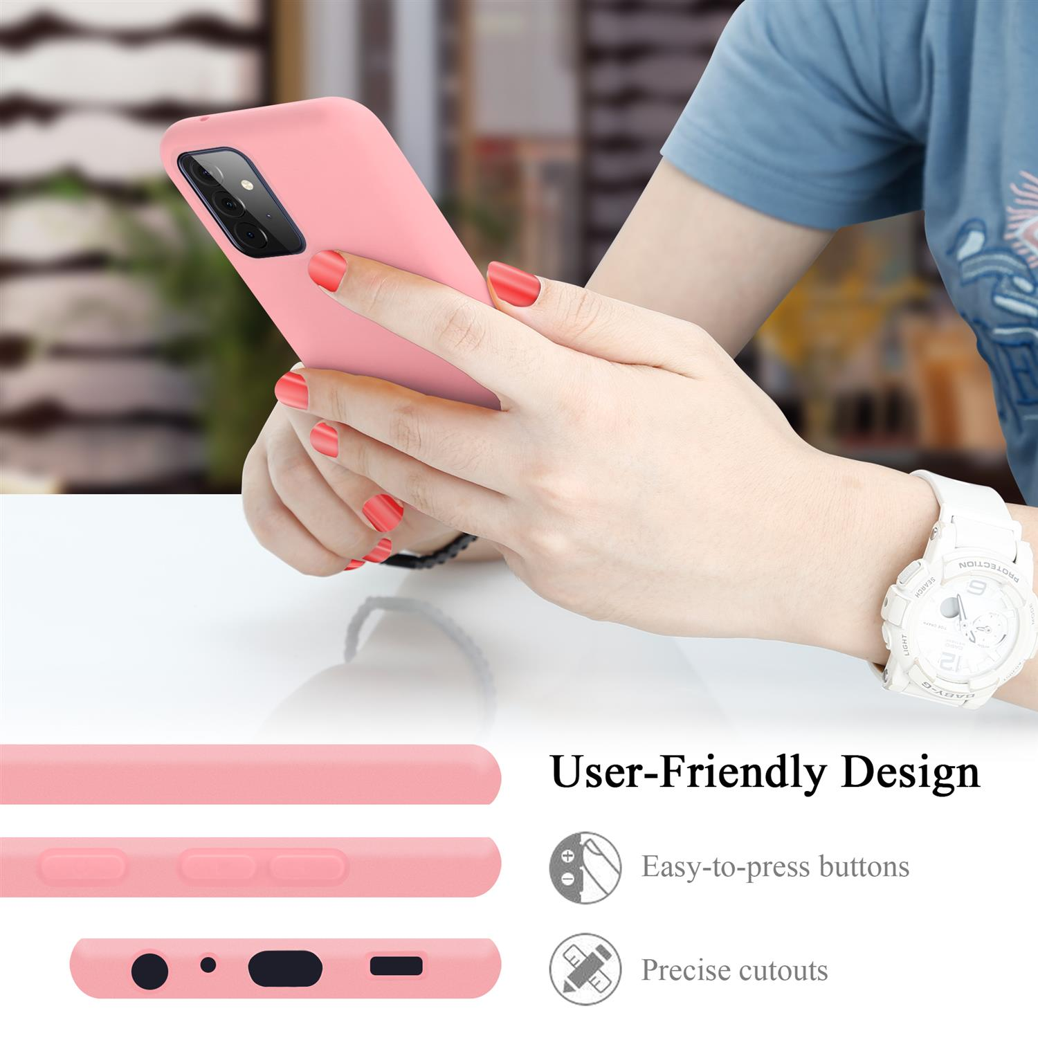 Custodia per telefono rosa con le mani di una persona. Il testo indica pulsanti facili da premere e ritagli precisi.