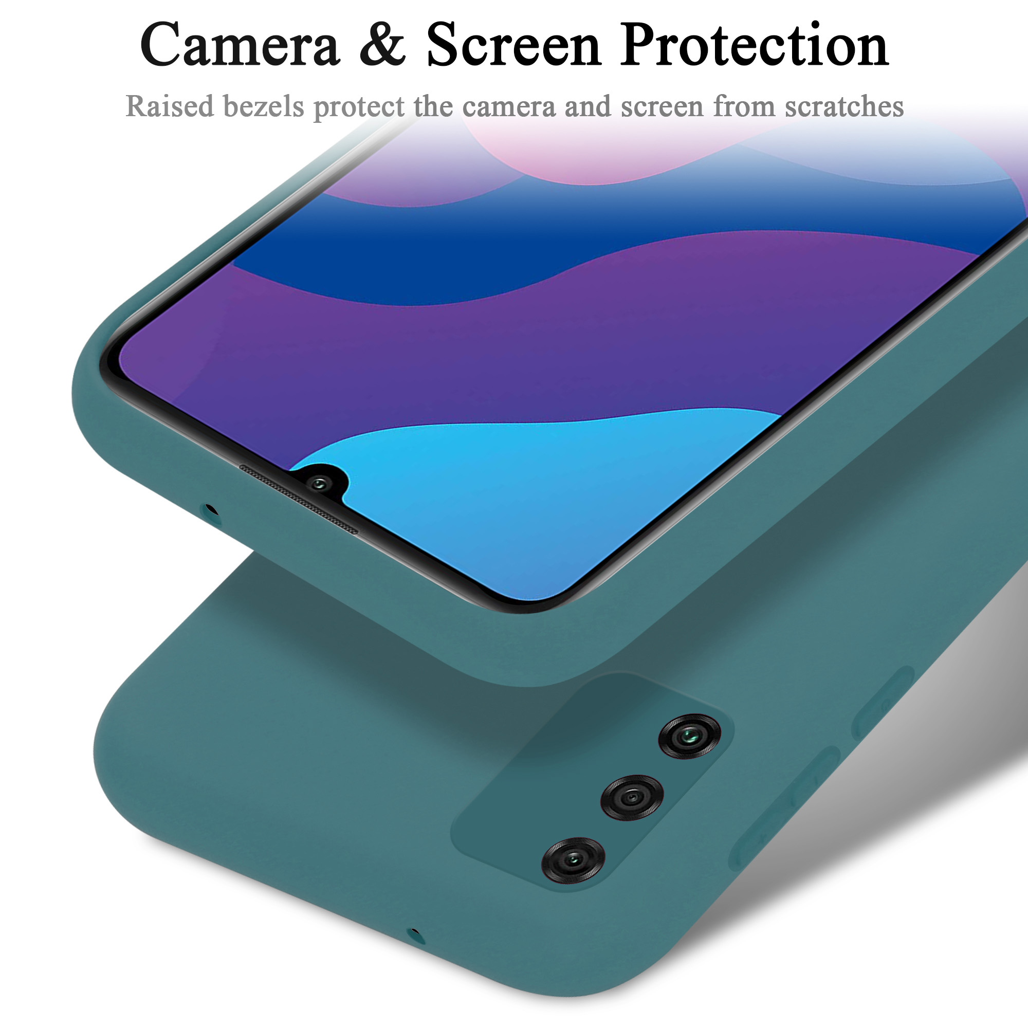 Türkisfarbene Handyhülle mit Telefon darin. Der Text lautet 'Camera & Screen Protection'. Nahaufnahme des Telefons.