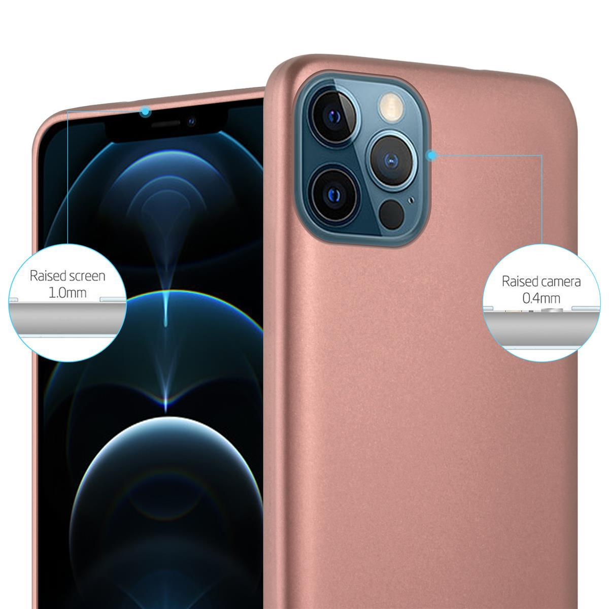 Roségoldfarbene Handyhülle mit erhöhtem Bildschirm und Kamera, Diagramme.