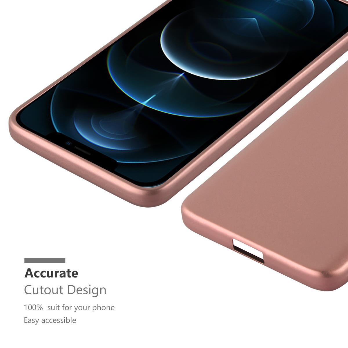 Roségoldfarbene Handyhülle auf einem Telefon. Die Hülle befindet sich neben dem Telefon. Weißer Hintergrund.