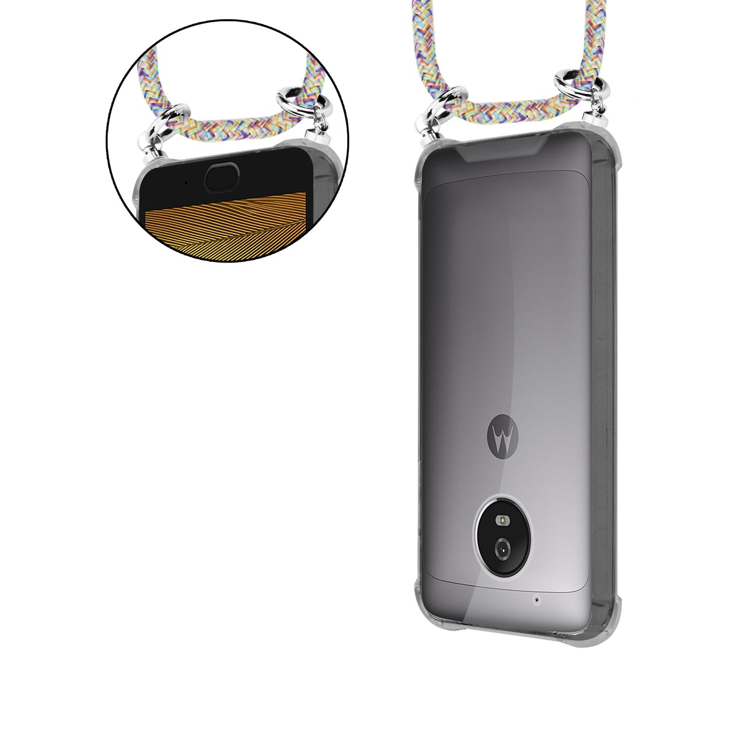 Telefon mit Riemen. Eine Nahaufnahme zeigt den Telefonbildschirm. Das Telefon befindet sich in einer transparenten Hülle.