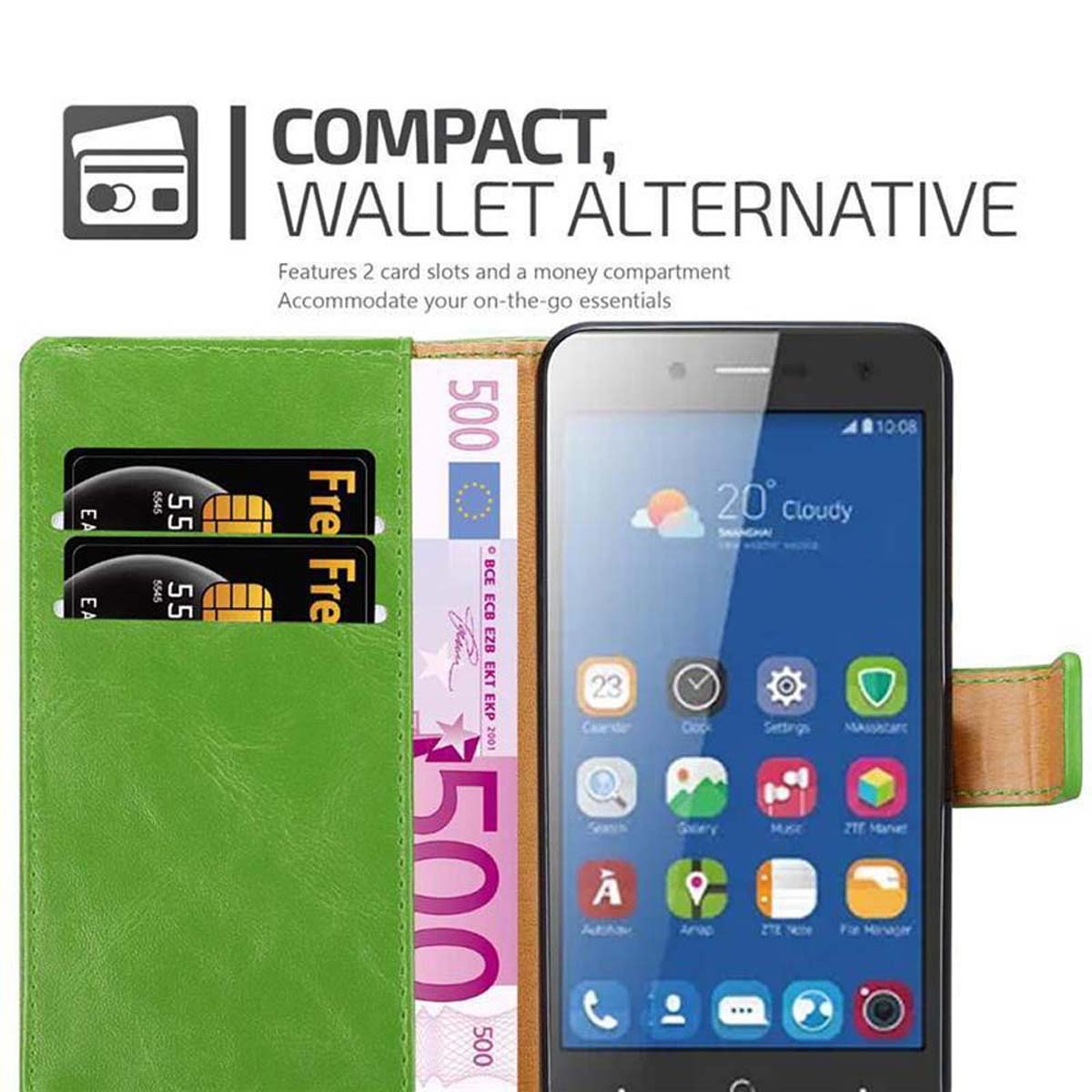 Portafoglio per telefono con due carte e denaro, custodia verde stile portafoglio. Testo: 'Compatto, alternativa al portafoglio'.