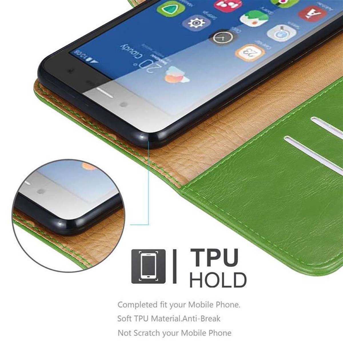 Una custodia per telefono verde con telefono all'interno. Testure verdi e marroni visibili. Testo in basso: TPU HOLD.