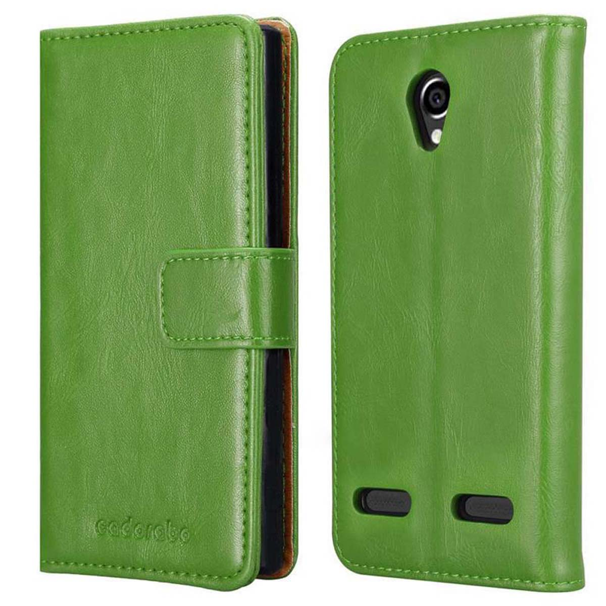 Custodia per telefono verde, aperta per rivelare un telefono. La custodia ha ritagli per la fotocamera e i pulsanti.