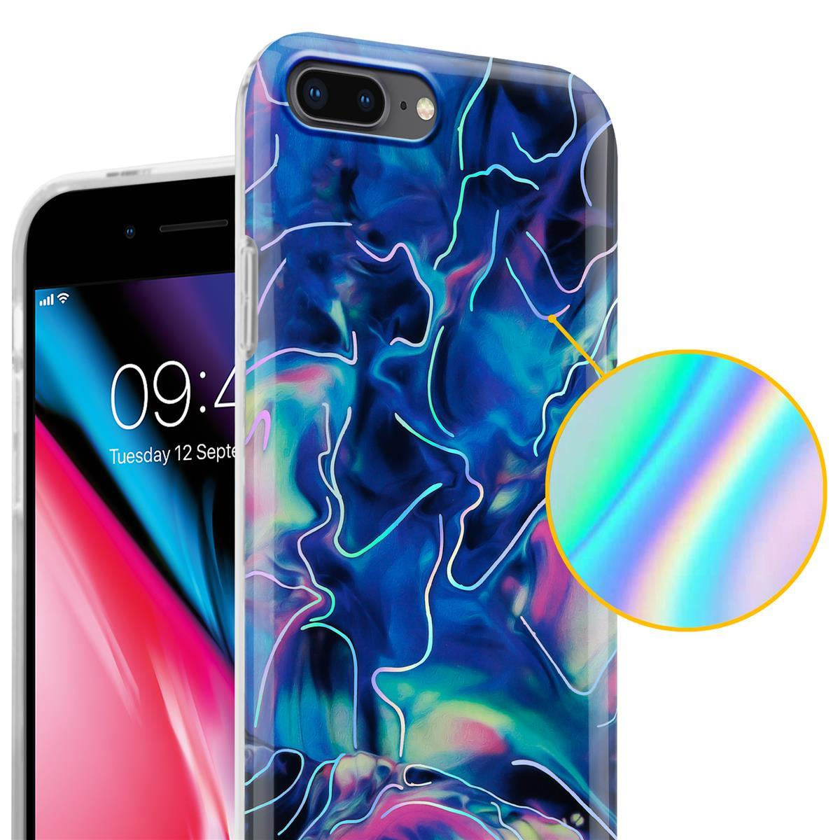Zwei Telefone, eines mit blauem Gehäuse und Marmordesign, das andere mit Glasbildschirm. Ein regenbogenfarbenes Detail.