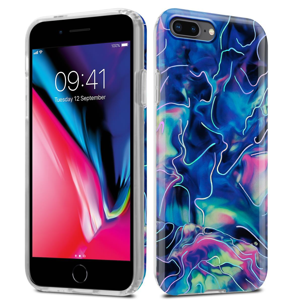 Zwei Telefone, eines zeigt den Bildschirm, das andere die Rückseite mit einem farbenfrohen abstrakten Design.