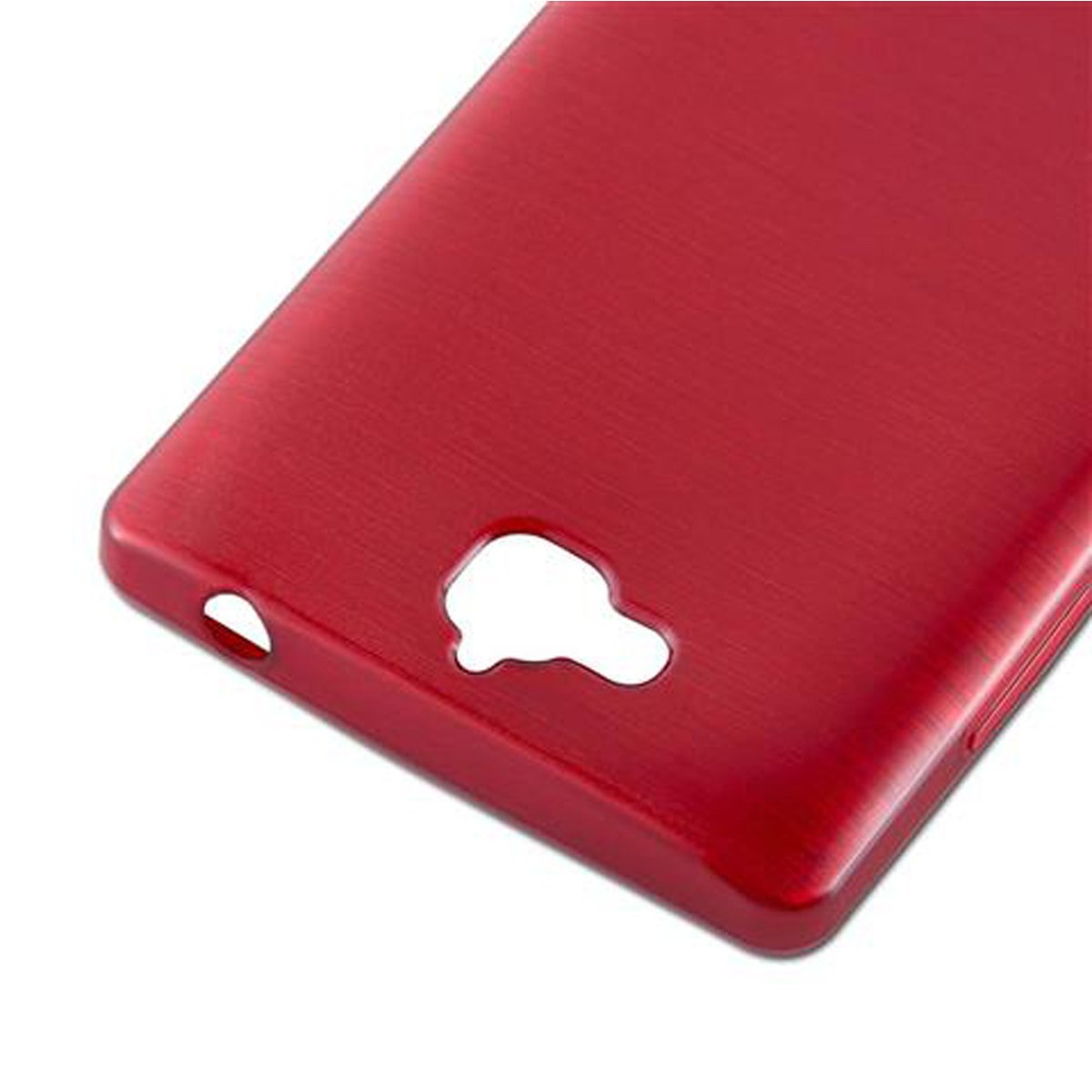 Una funda de teléfono roja con un agujero para la cámara y otros puertos.