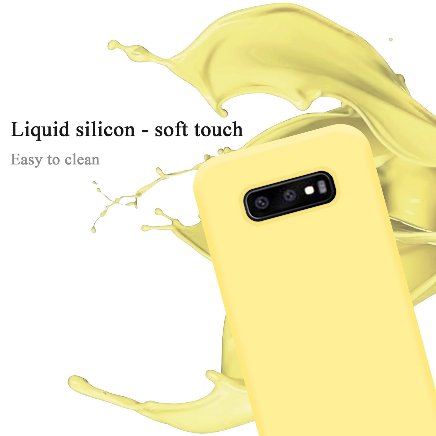 Gelbe Handyhülle. Telefon ist gelb. Flüssigkeitsspritzer-Grafik. Text: Flüssiges Silikon - Soft-Touch.