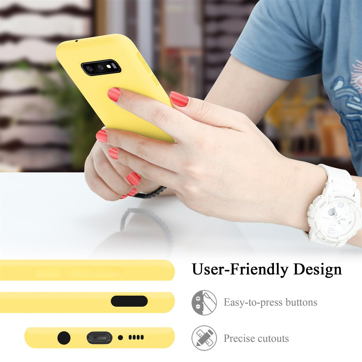 Frau hält gelbes Telefon, rote Nägel, weiße Uhr. Text: Benutzerfreundliches Design.