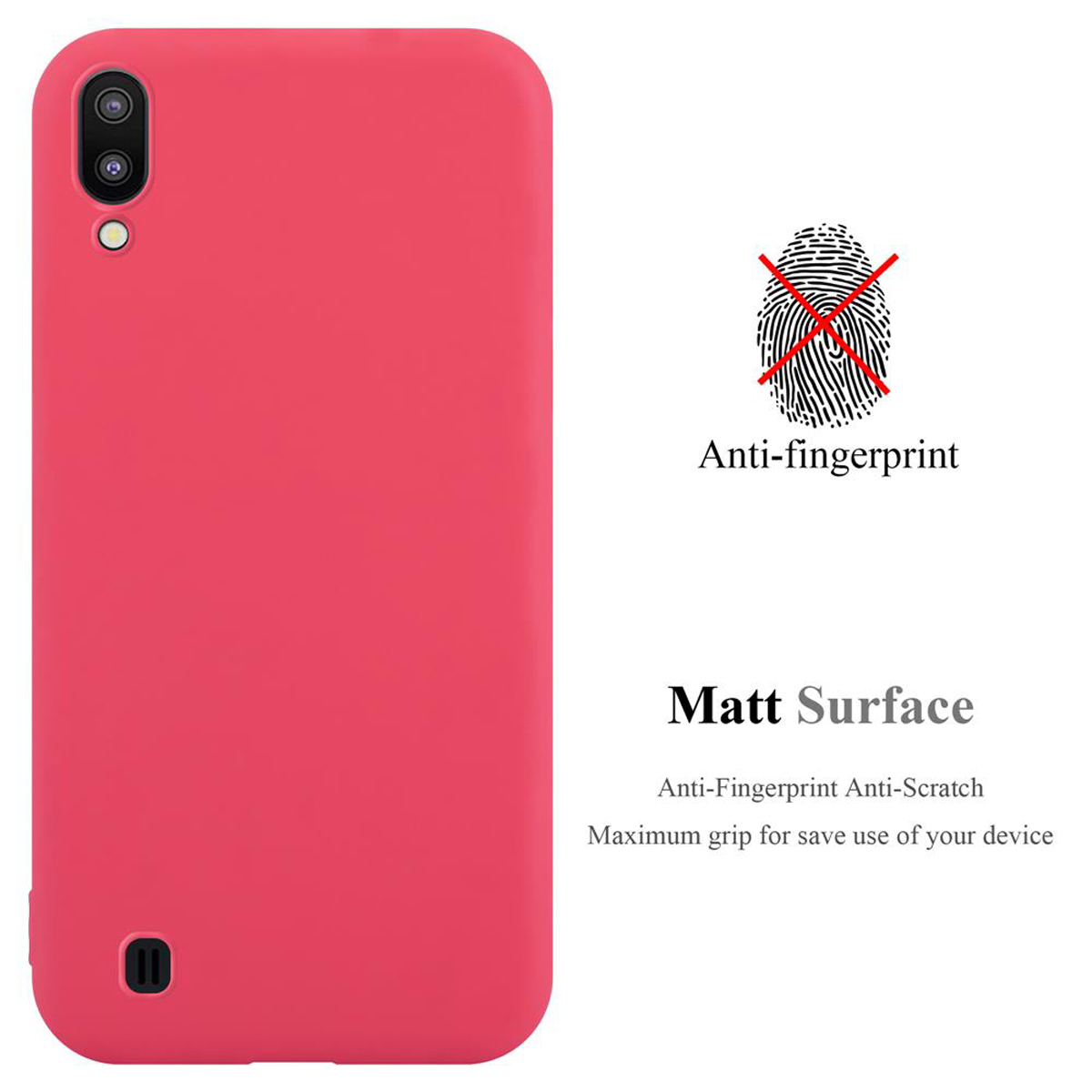 Una custodia per telefono rossa. La custodia è anti-impronta e antigraffio. Ha una superficie opaca.