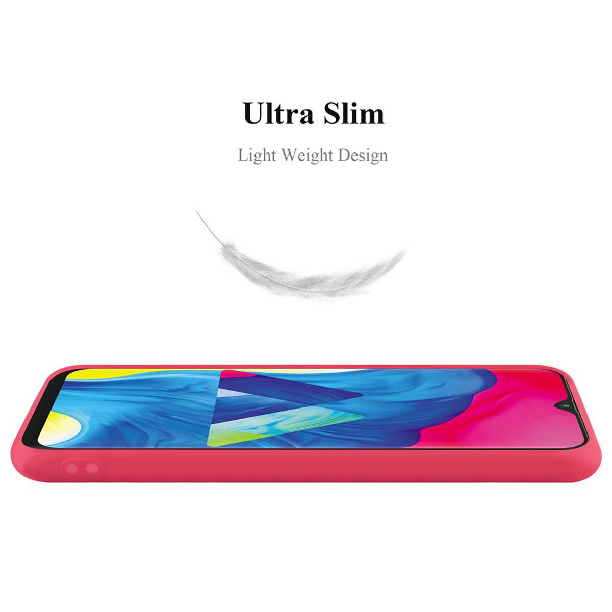 Una custodia per telefono rossa con una grafica a piuma e le parole "Ultra Slim Light Weight Design" su sfondo bianco.
