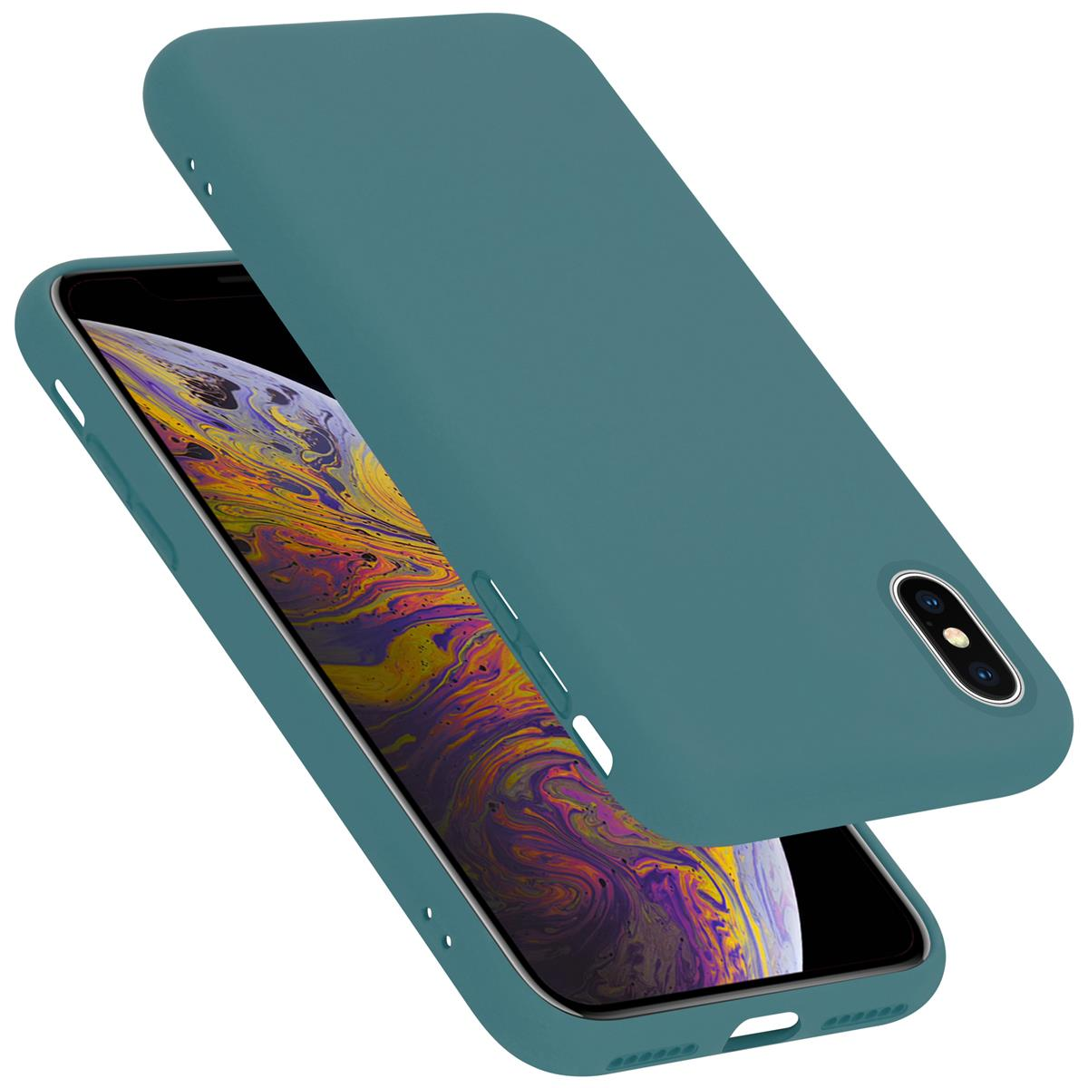 Türkisfarbene Handyhülle mit Telefon darin. Die Hülle ist offen.