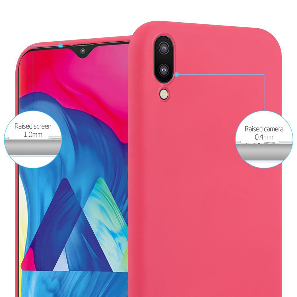 Una custodia per telefono rosa con un telefono all'interno. La custodia mostra una protezione rialzata dello schermo e della fotocamera.