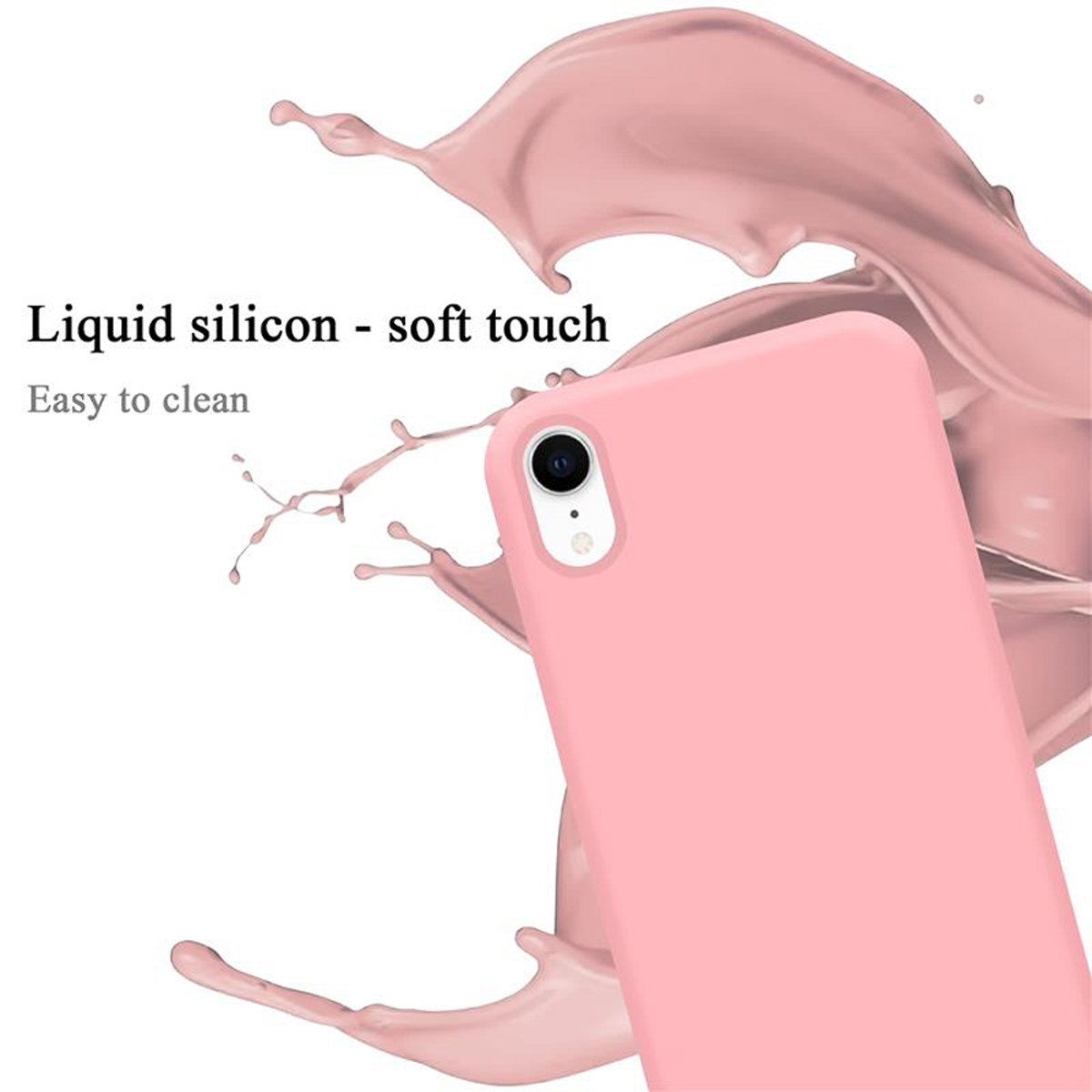 Rosa Handyhülle mit Flüssigkeitsspritzer, schwarzem Hintergrund und Text, der 'flüssiges Silikon, Soft Touch' angibt.