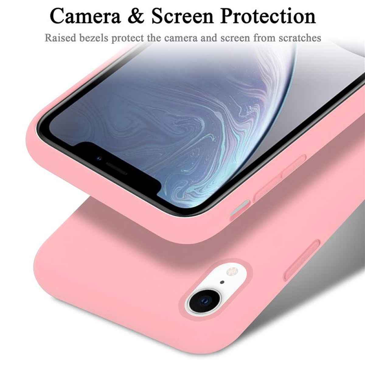 Nahaufnahme einer rosa Handyhülle, mit erhöhten Rändern um Kamera und Bildschirm zum Schutz.