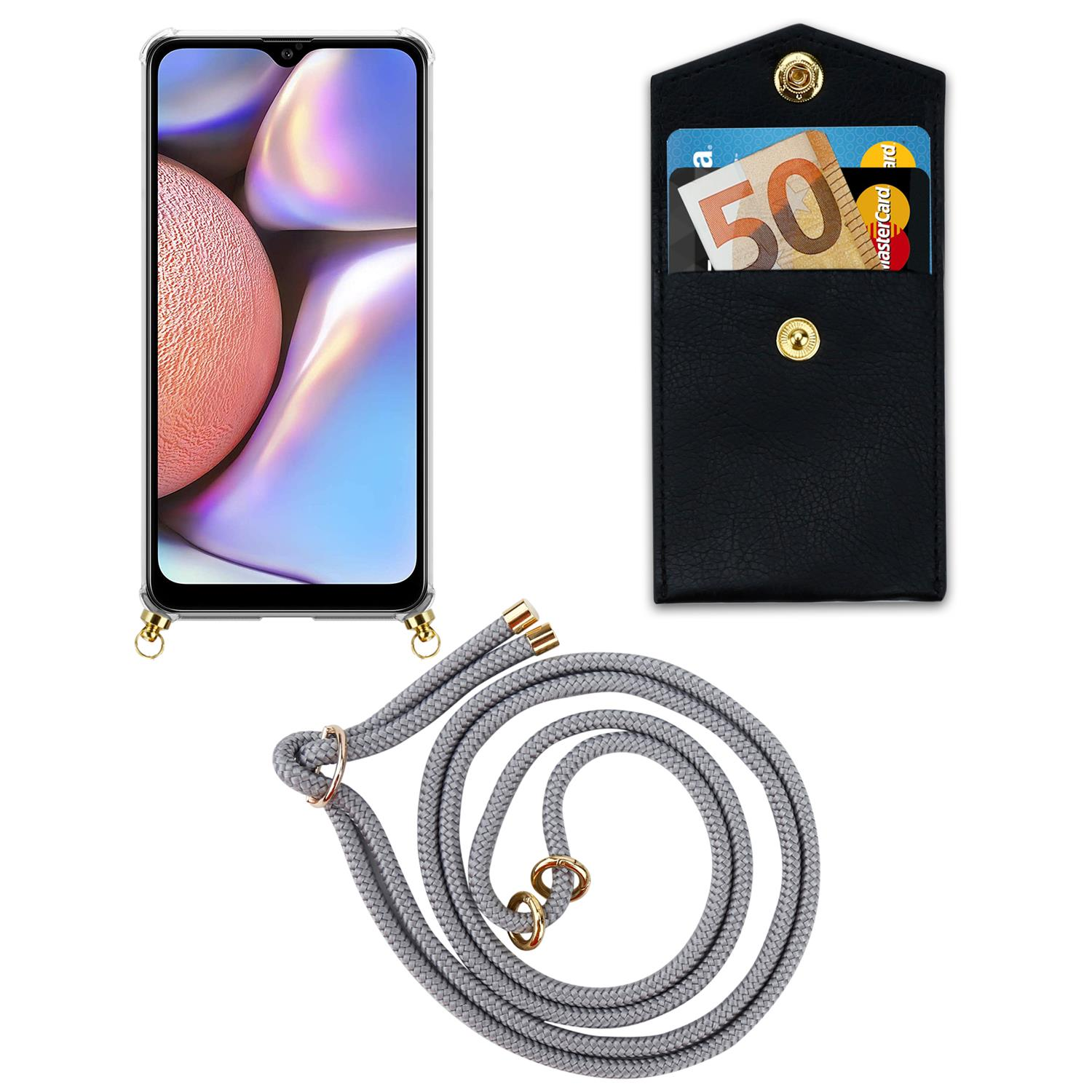 CADORABO Handy Kette mit Gold Ringen, Kordel Hülle, A10s Samsung, und Galaxy abnehmbarer GRAU SILBER Backcover, M01s, Band 