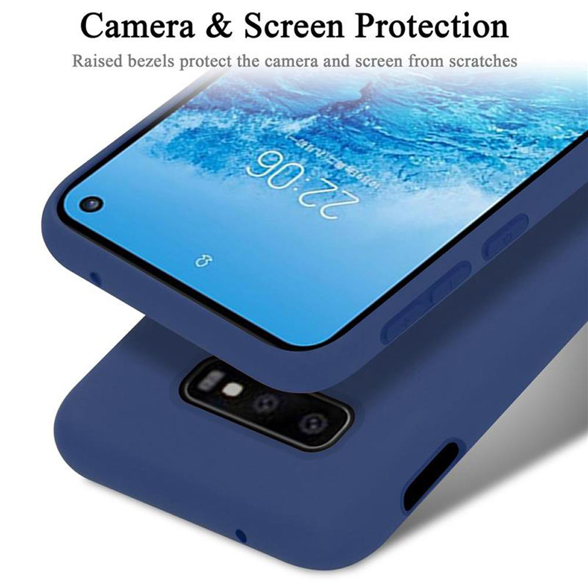 Blaue Handyhülle mit Kamera- und Bildschirmschutz. Erhöhte Blenden. Telefonbildschirm sichtbar. Dunkelblaue Hülle.